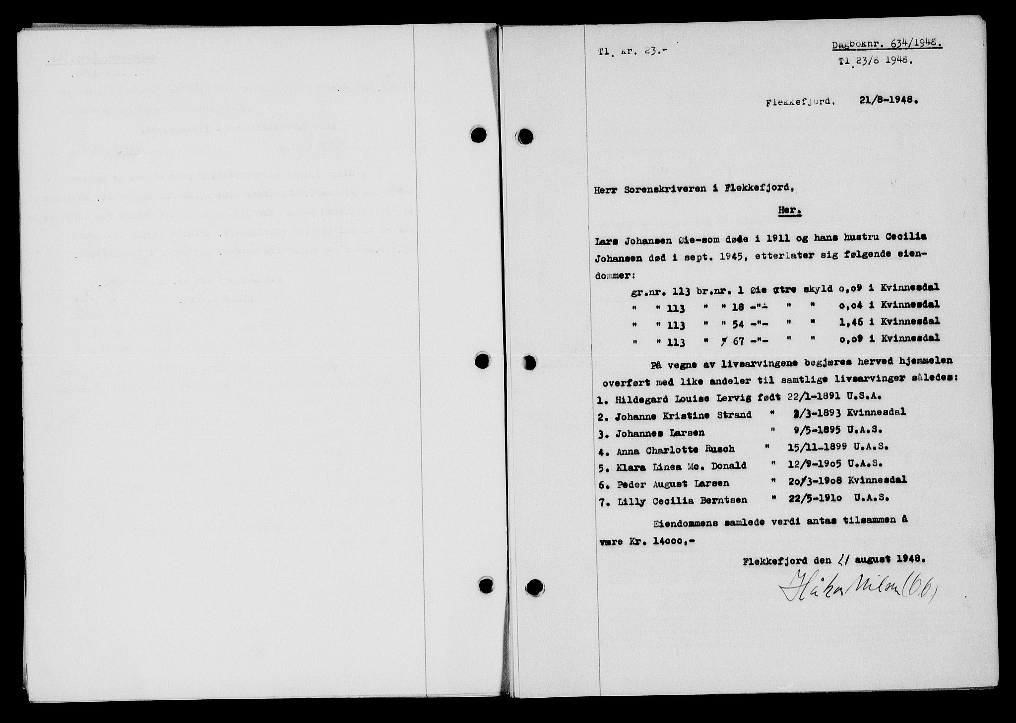 Flekkefjord sorenskriveri, AV/SAK-1221-0001/G/Gb/Gba/L0064: Mortgage book no. A-12, 1948-1949, Diary no: : 634/1948