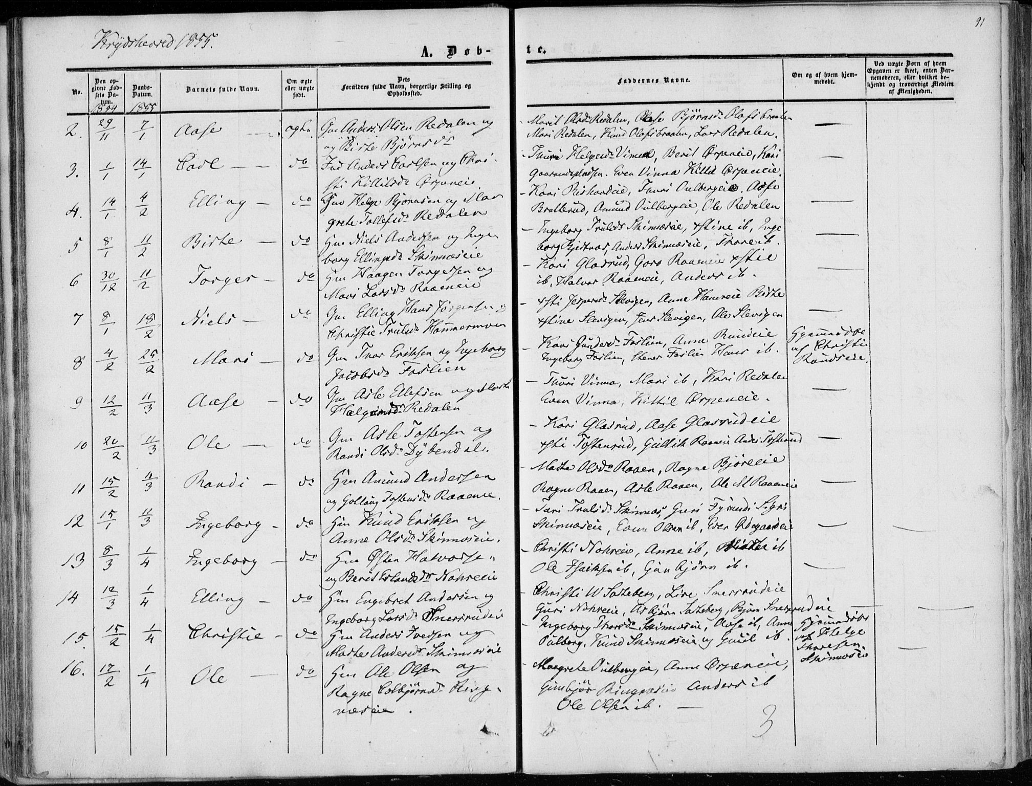 Sigdal kirkebøker, AV/SAKO-A-245/F/Fa/L0008: Parish register (official) no. I 8, 1850-1859, p. 91