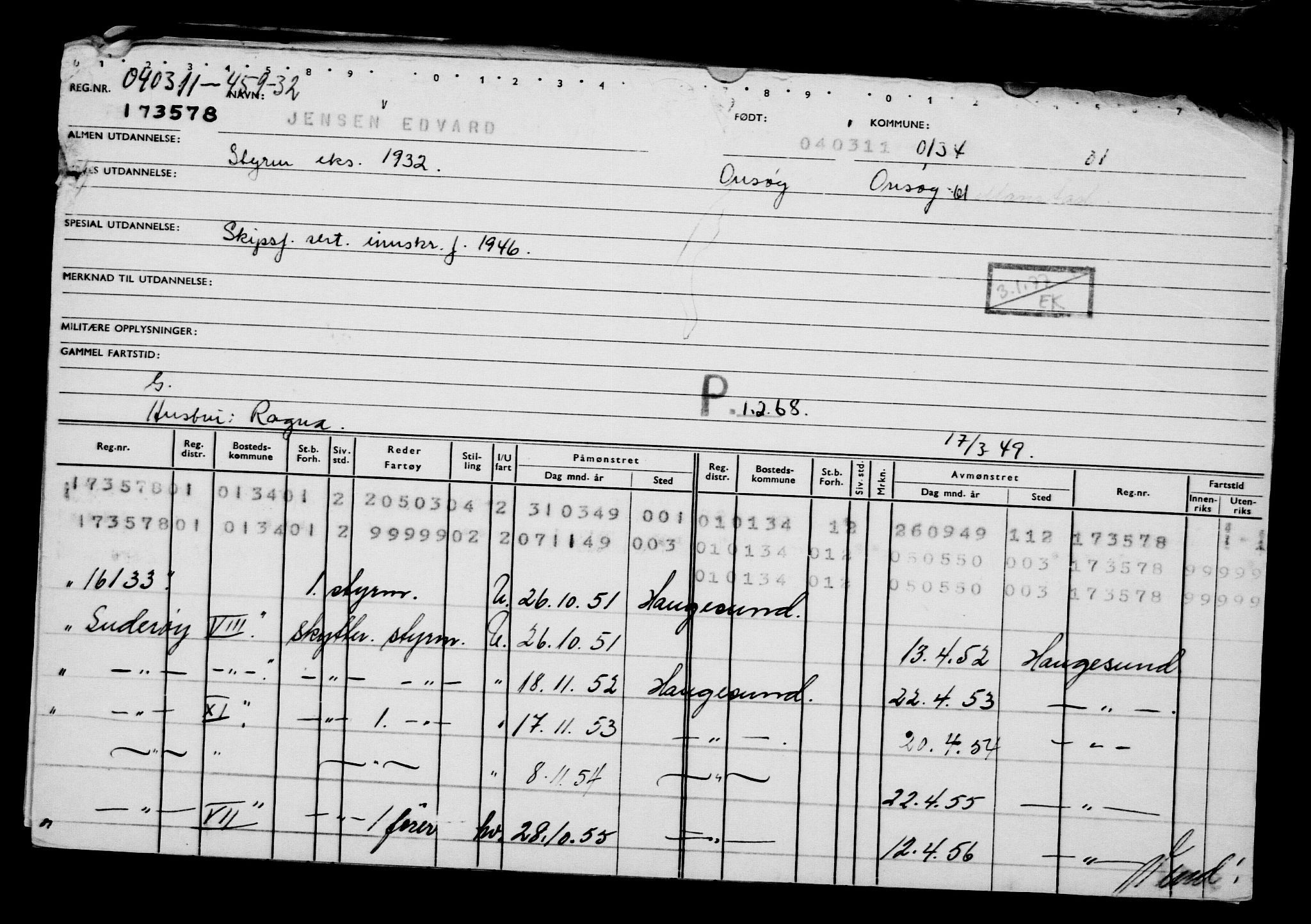 Direktoratet for sjømenn, AV/RA-S-3545/G/Gb/L0094: Hovedkort, 1911, p. 450