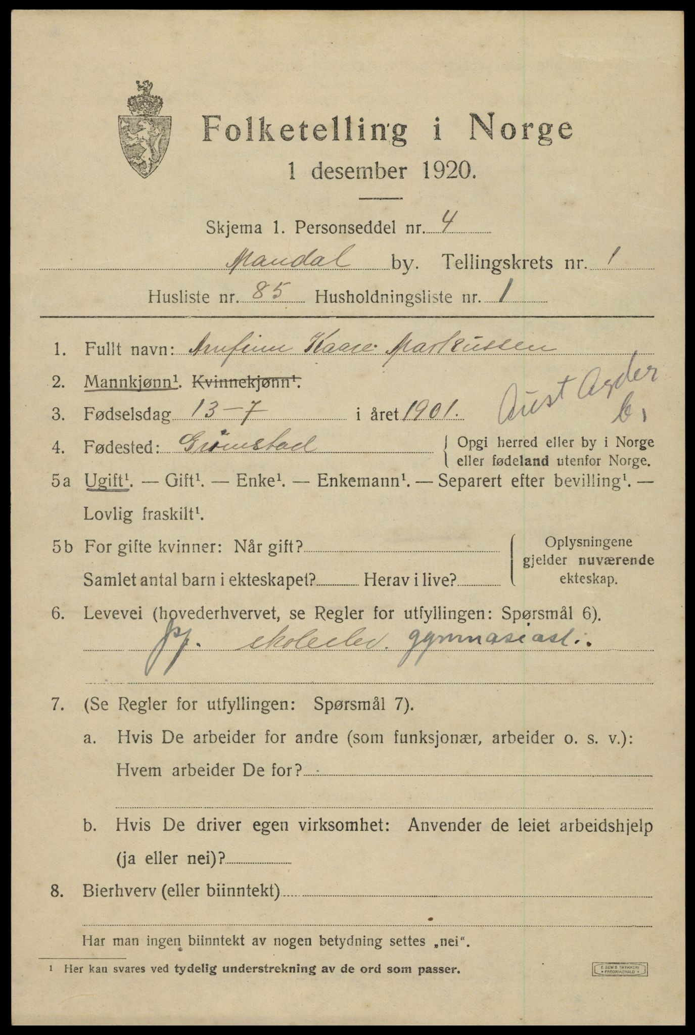 SAK, 1920 census for Mandal, 1920, p. 4121