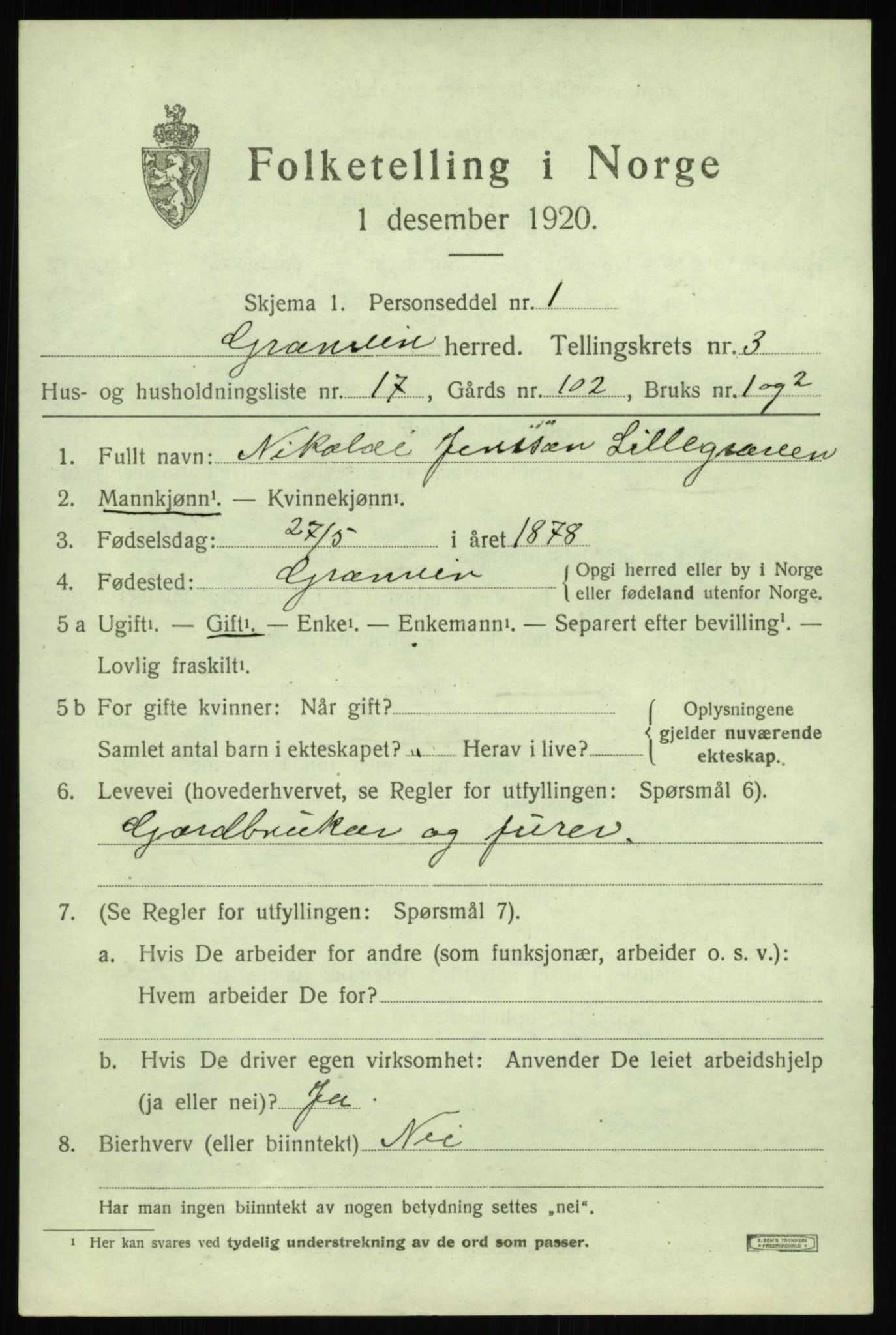 SAB, 1920 census for Granvin, 1920, p. 1314