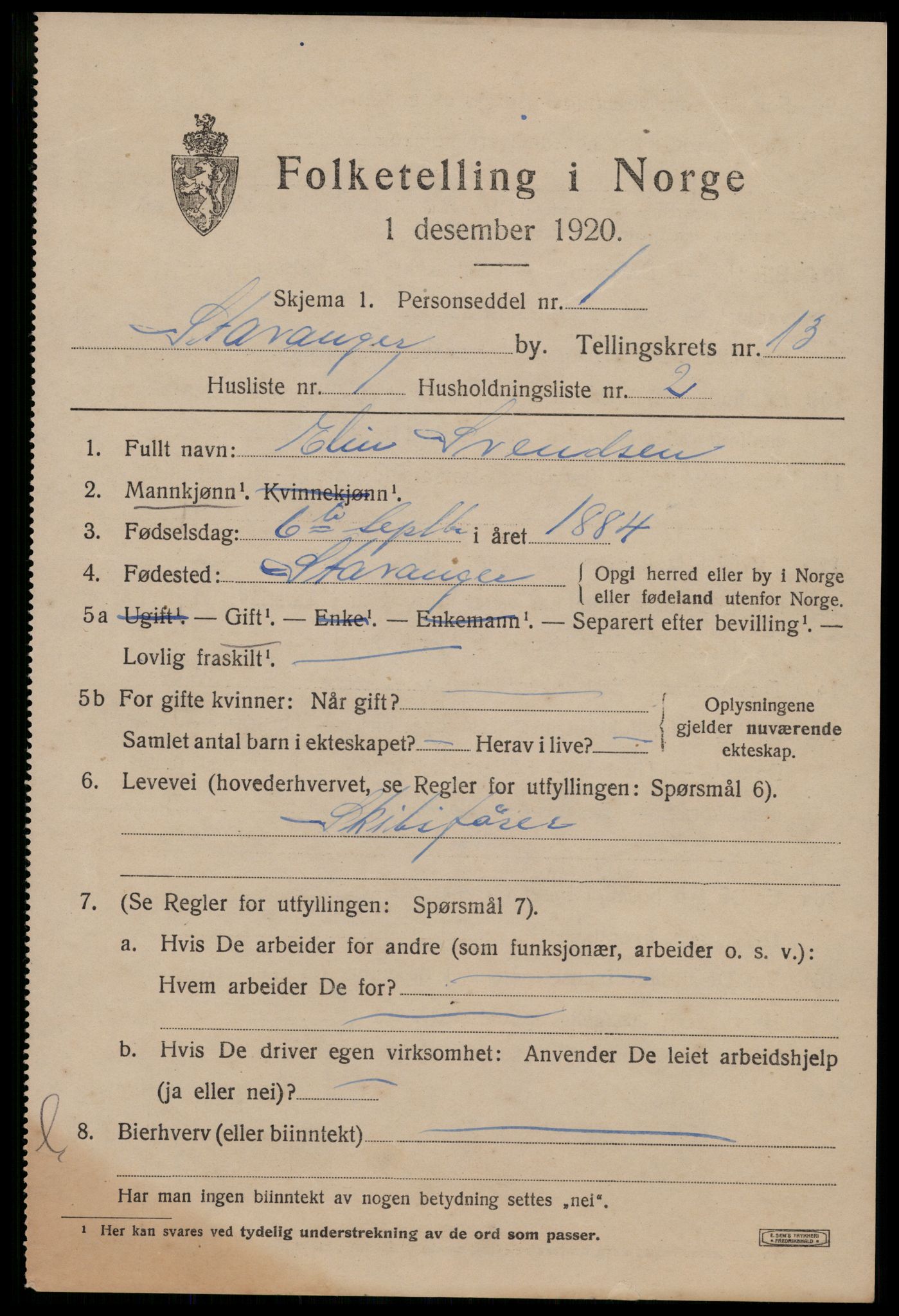 SAST, 1920 census for Stavanger, 1920, p. 57698