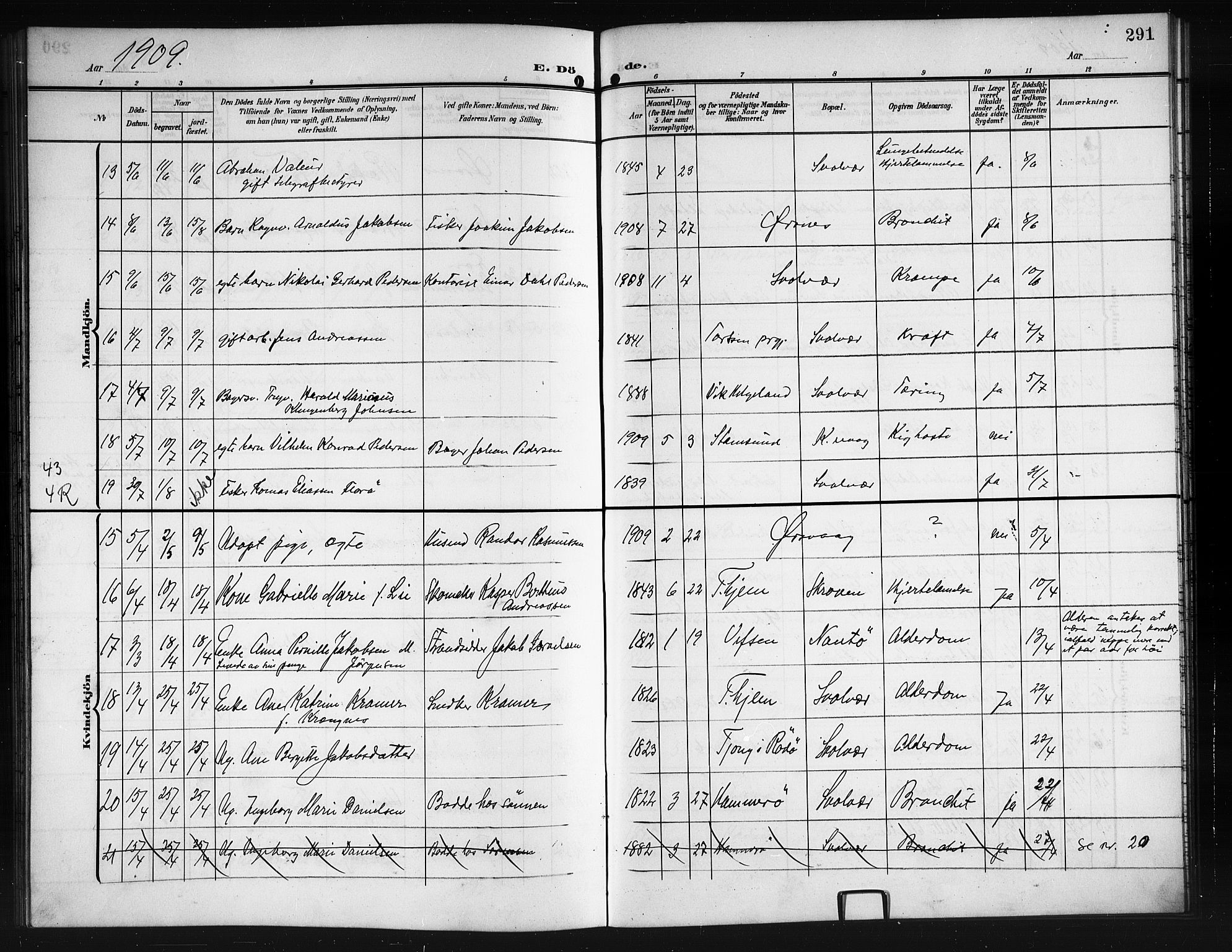 Ministerialprotokoller, klokkerbøker og fødselsregistre - Nordland, SAT/A-1459/874/L1079: Parish register (copy) no. 874C08, 1907-1915, p. 291