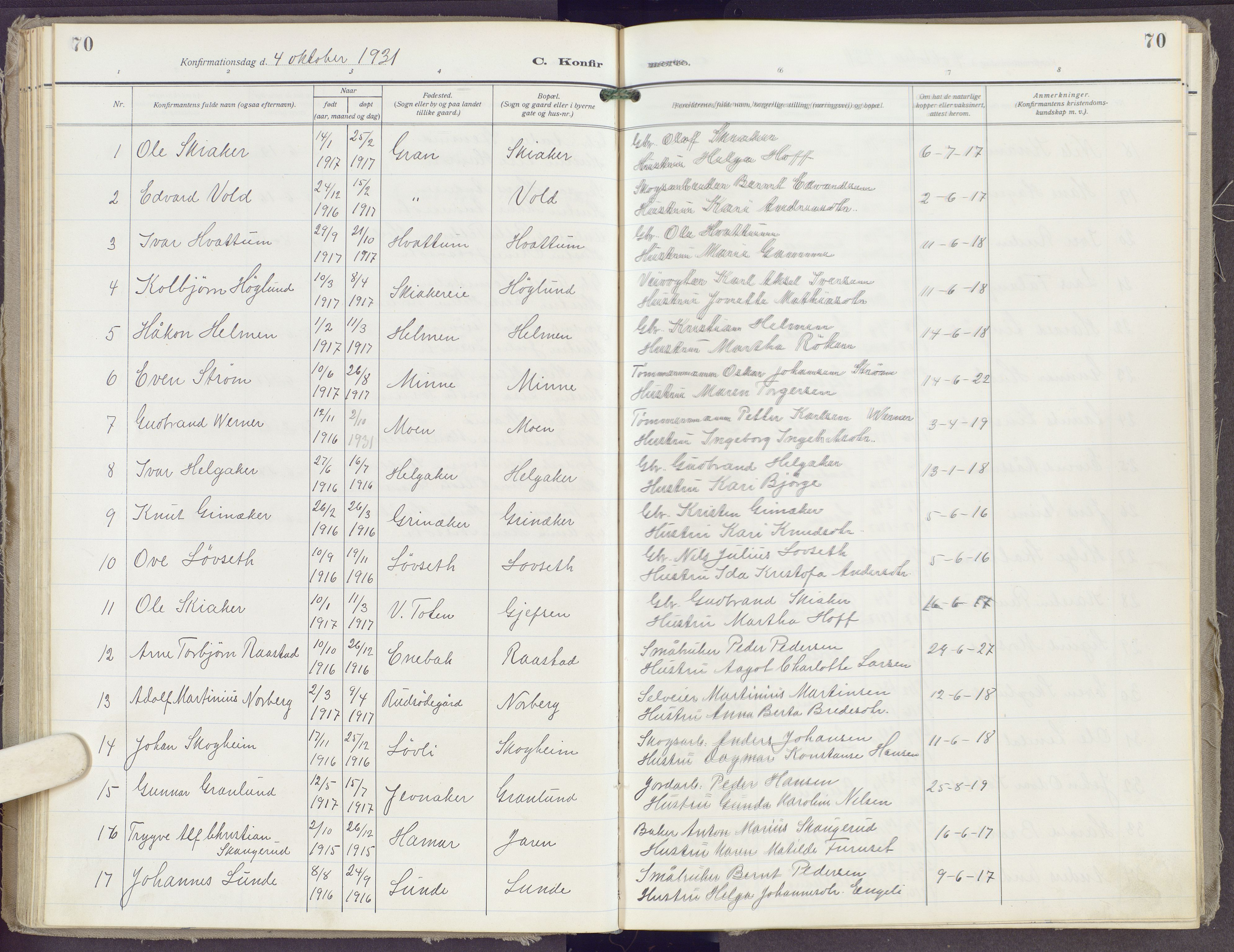 Gran prestekontor, SAH/PREST-112/H/Ha/Haa/L0023: Parish register (official) no. 23, 1919-1938, p. 70