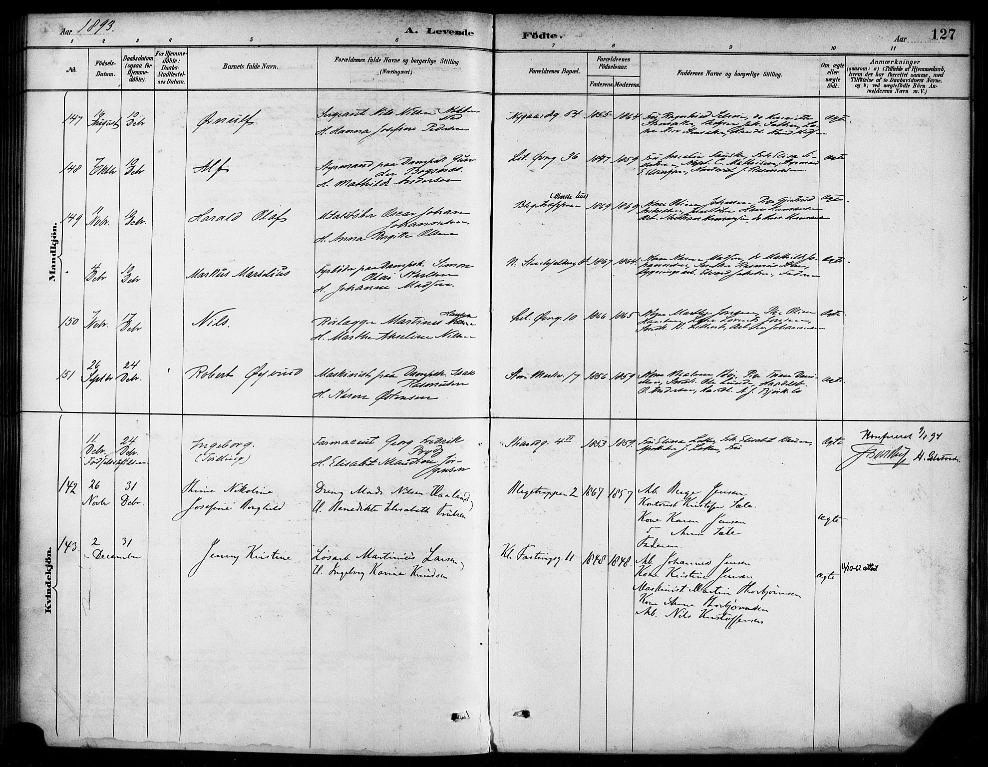 Korskirken sokneprestembete, AV/SAB-A-76101/H/Haa/L0022: Parish register (official) no. B 8, 1889-1899, p. 127