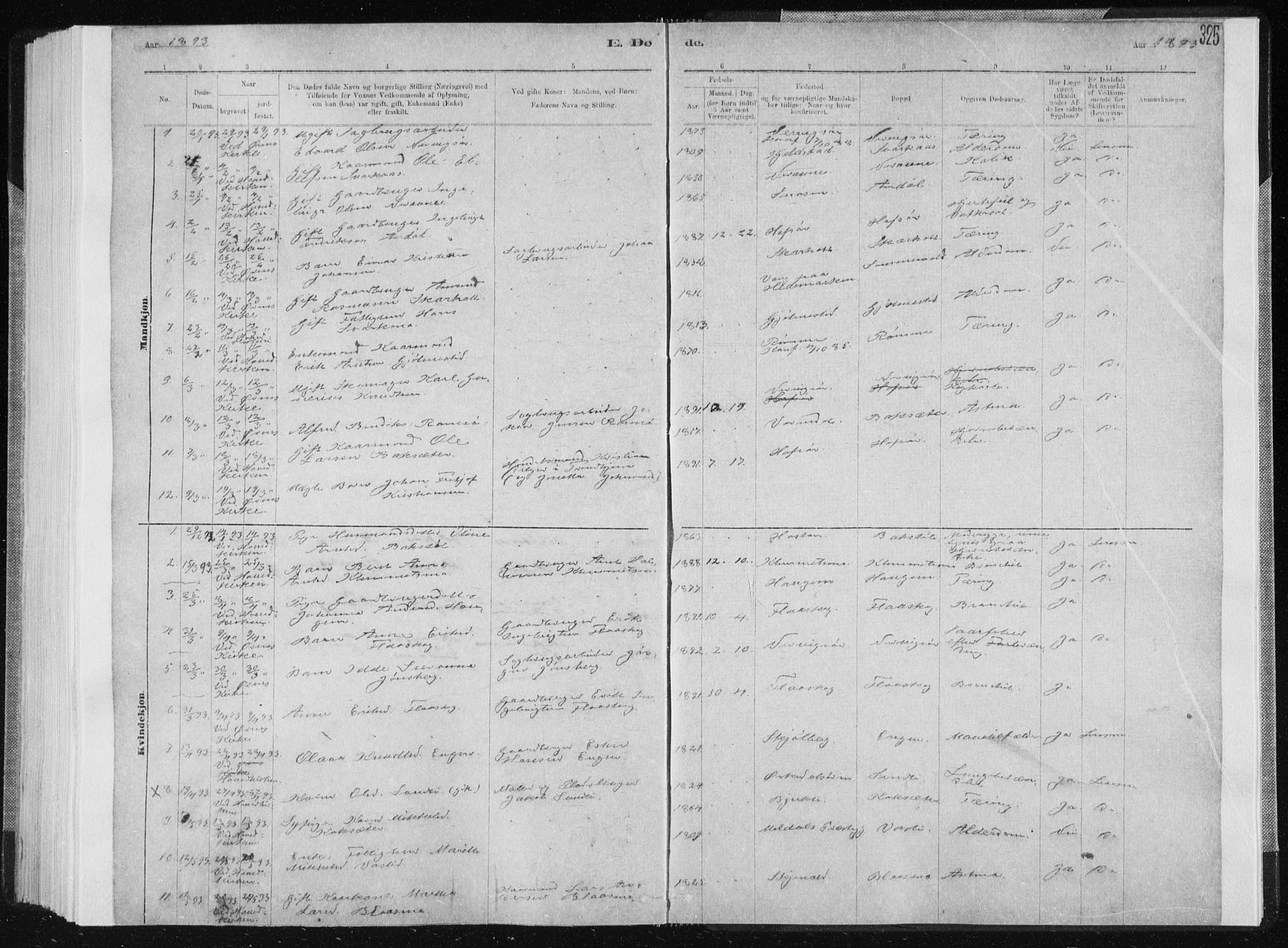 Ministerialprotokoller, klokkerbøker og fødselsregistre - Sør-Trøndelag, SAT/A-1456/668/L0818: Parish register (copy) no. 668C07, 1885-1898, p. 325