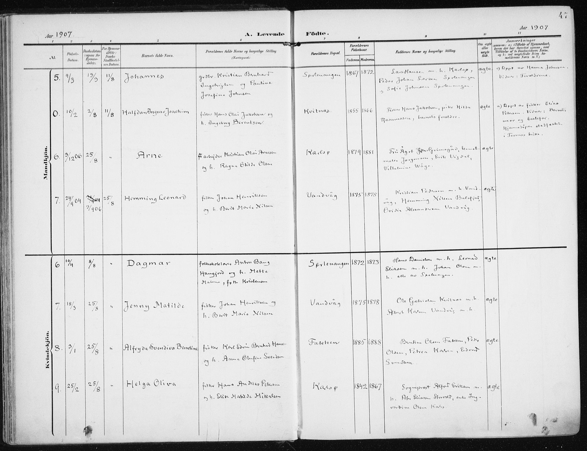 Karlsøy sokneprestembete, AV/SATØ-S-1299/H/Ha/Haa/L0014kirke: Parish register (official) no. 14, 1903-1917, p. 47