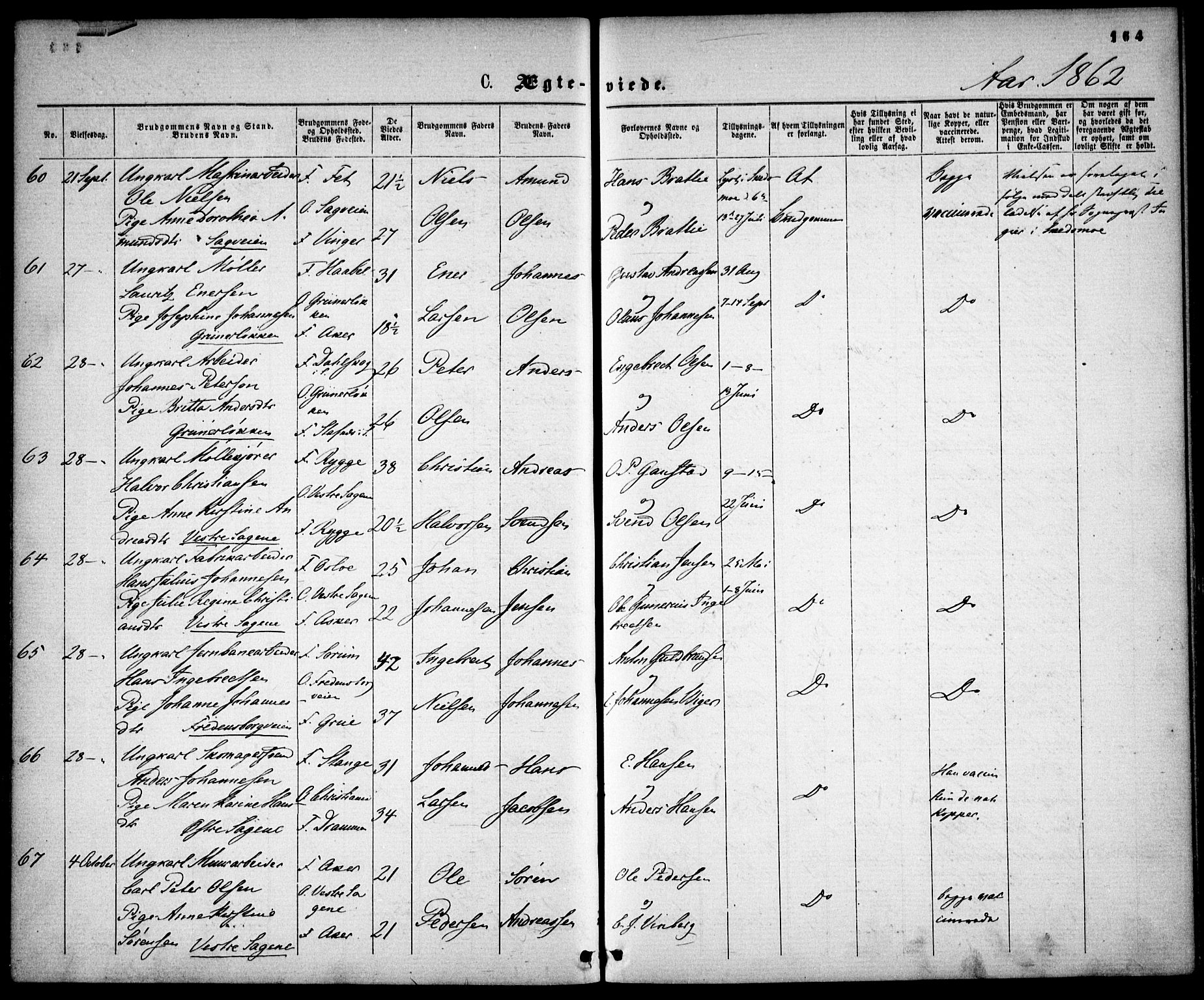 Gamle Aker prestekontor Kirkebøker, SAO/A-10617a/F/L0001: Parish register (official) no. 1, 1861-1865, p. 164