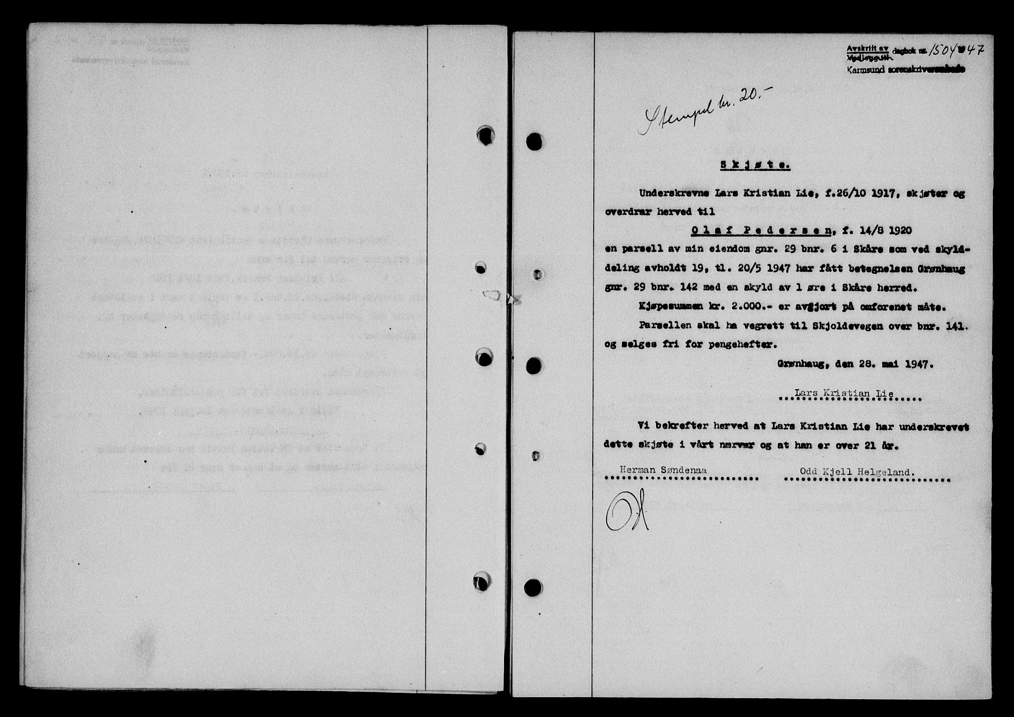 Karmsund sorenskriveri, SAST/A-100311/01/II/IIB/L0090: Mortgage book no. 70A, 1947-1947, Diary no: : 1504/1947