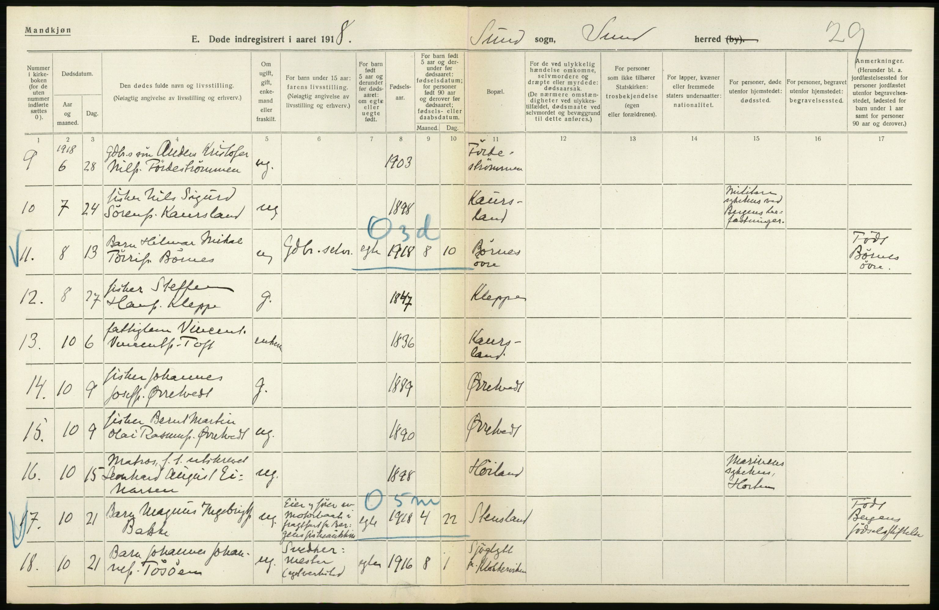 Statistisk sentralbyrå, Sosiodemografiske emner, Befolkning, AV/RA-S-2228/D/Df/Dfb/Dfbh/L0036: Hordaland fylke: Døde., 1918, p. 164