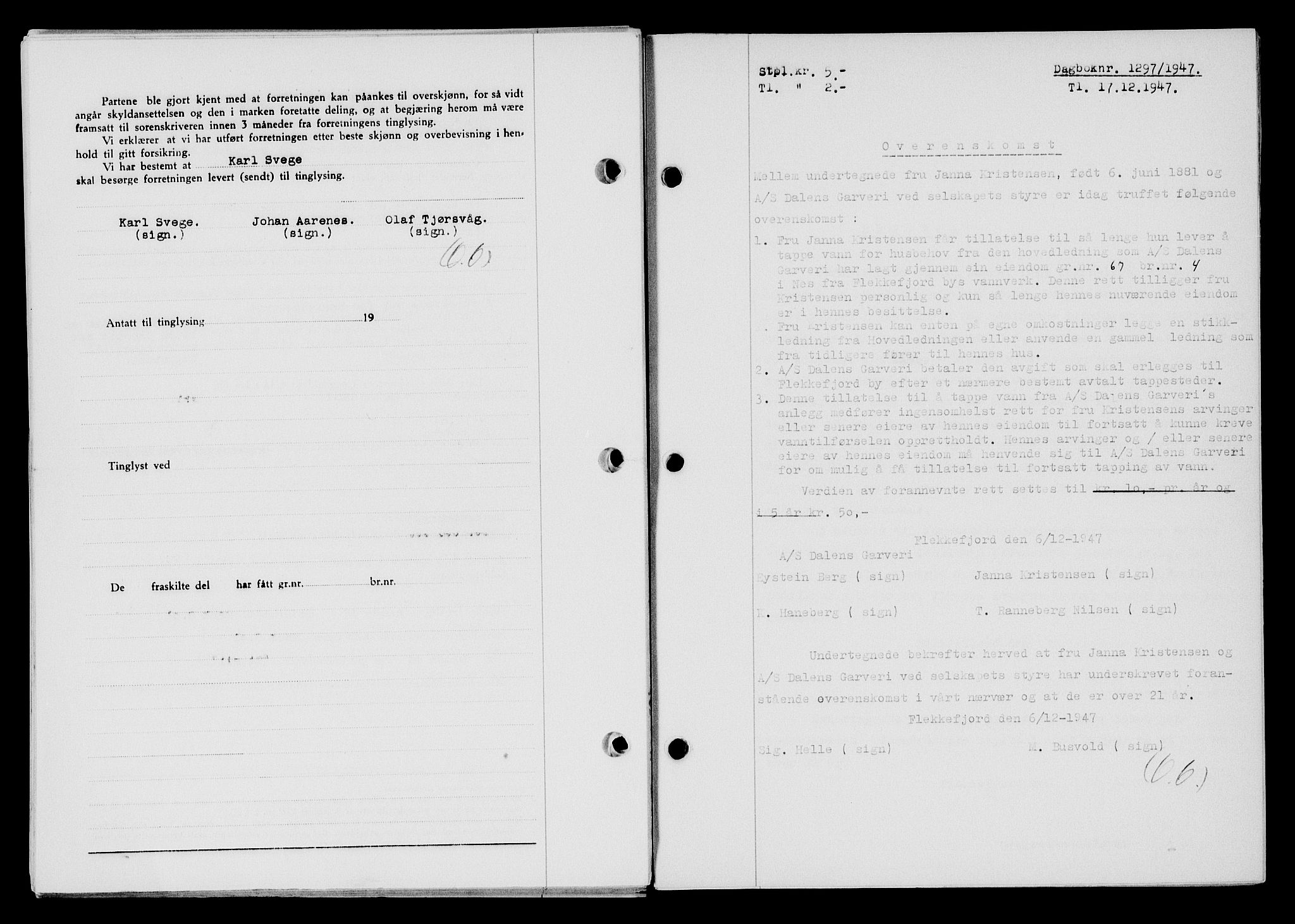 Flekkefjord sorenskriveri, SAK/1221-0001/G/Gb/Gba/L0063: Mortgage book no. A-11, 1947-1948, Diary no: : 1297/1947