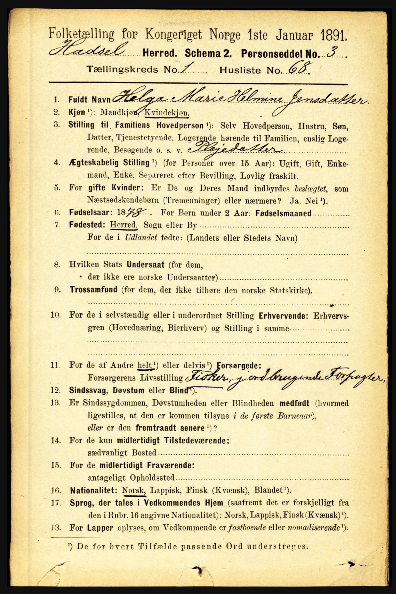 RA, 1891 census for 1866 Hadsel, 1891, p. 592