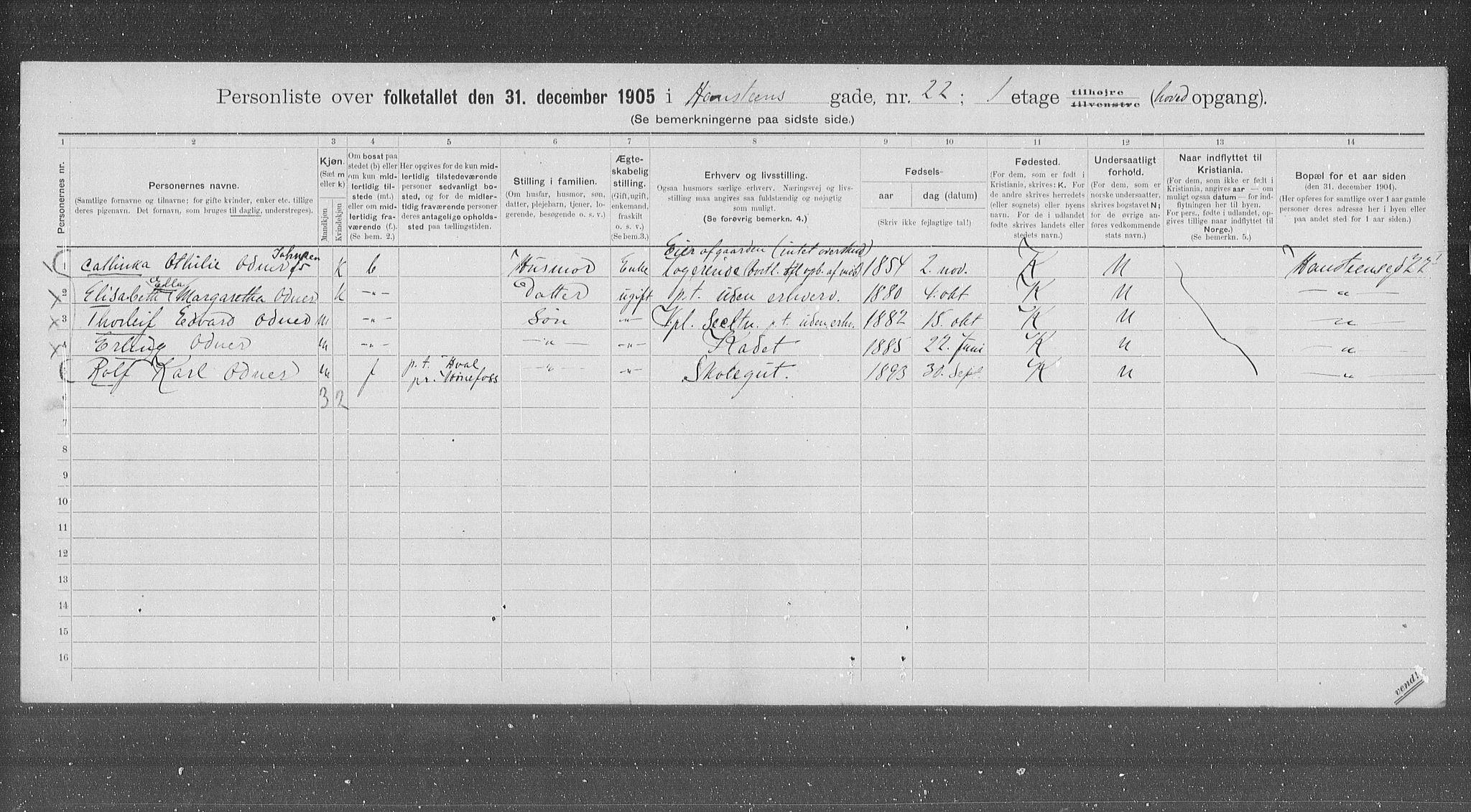 OBA, Municipal Census 1905 for Kristiania, 1905, p. 18018