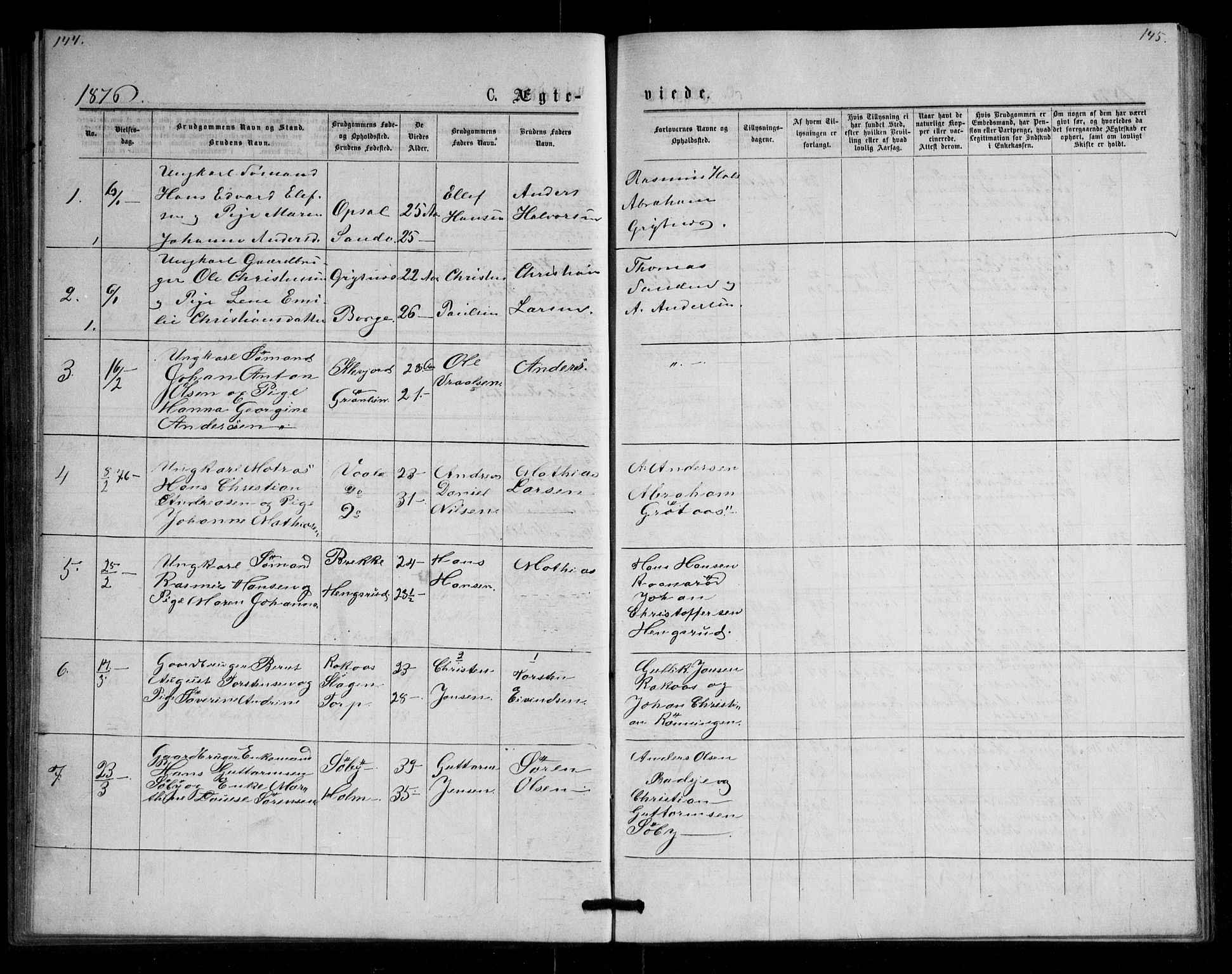 Våle kirkebøker, AV/SAKO-A-334/G/Ga/L0004a: Parish register (copy) no. I 4, 1874-1893, p. 144-145