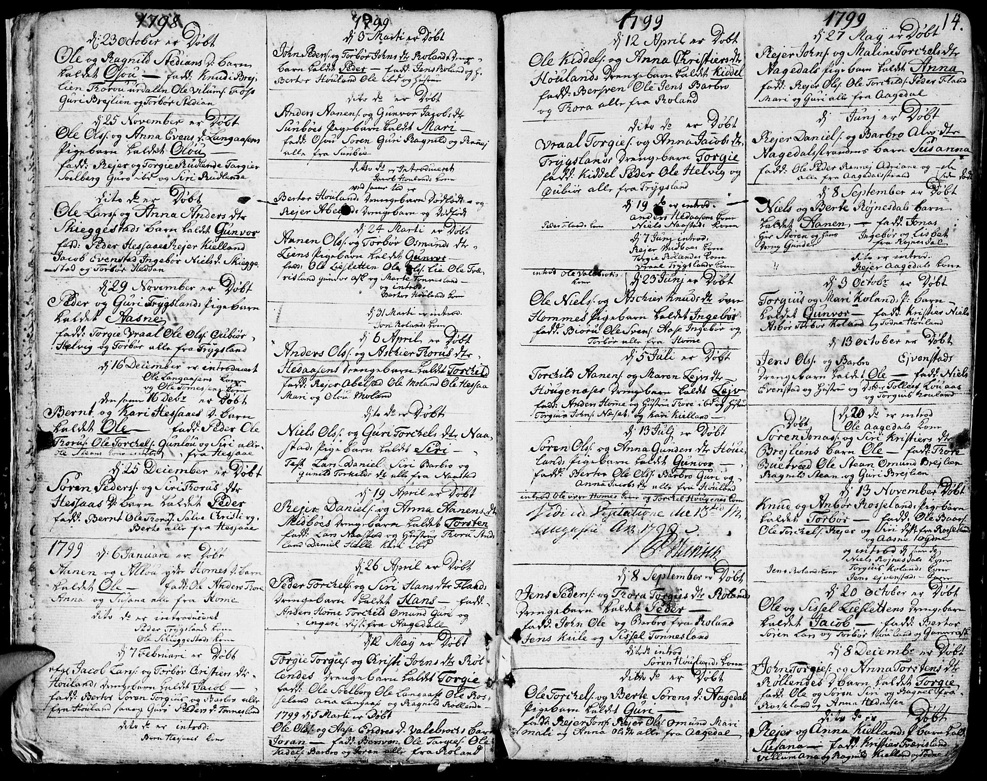 Bjelland sokneprestkontor, SAK/1111-0005/F/Fa/Faa/L0001: Parish register (official) no. A 1 /1, 1793-1815, p. 14