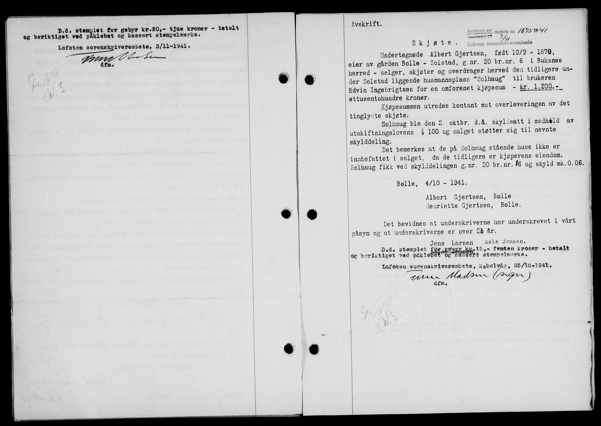 Lofoten sorenskriveri, SAT/A-0017/1/2/2C/L0009a: Mortgage book no. 9a, 1941-1942, Diary no: : 1875/1941