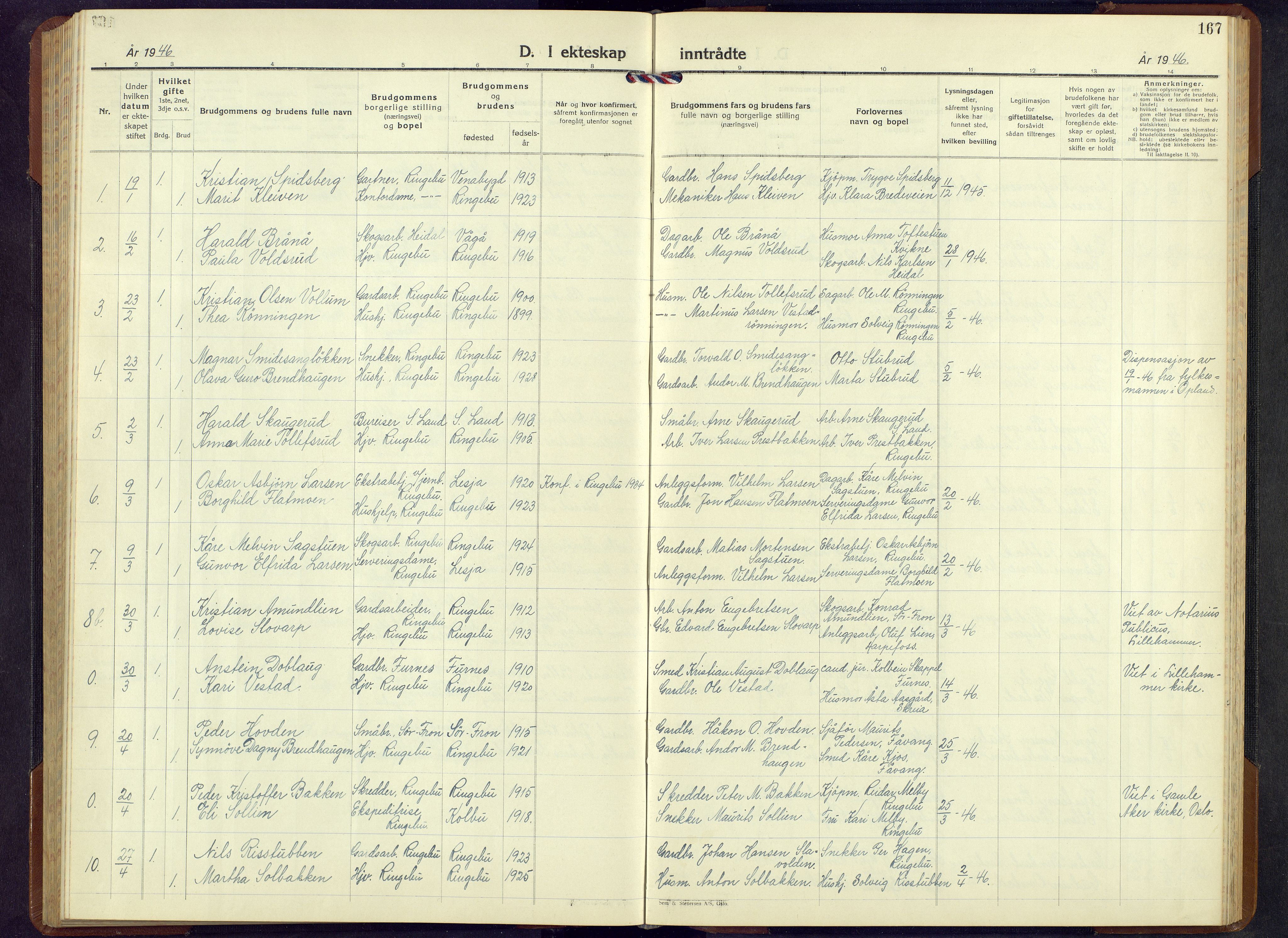 Ringebu prestekontor, SAH/PREST-082/H/Ha/Hab/L0013: Parish register (copy) no. 13, 1943-1956, p. 167
