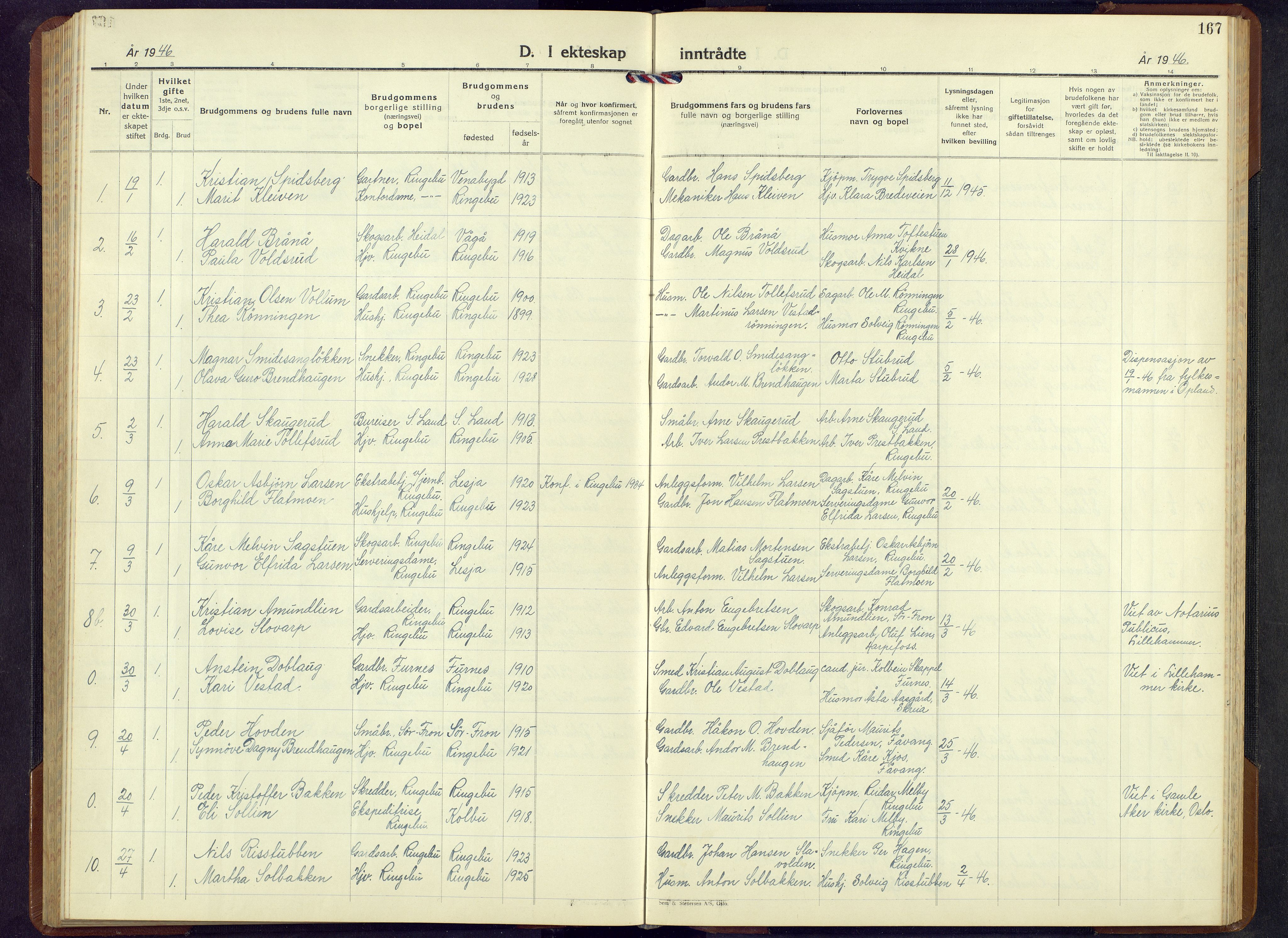 Ringebu prestekontor, AV/SAH-PREST-082/H/Ha/Hab/L0013: Parish register (copy) no. 13, 1943-1956, p. 167