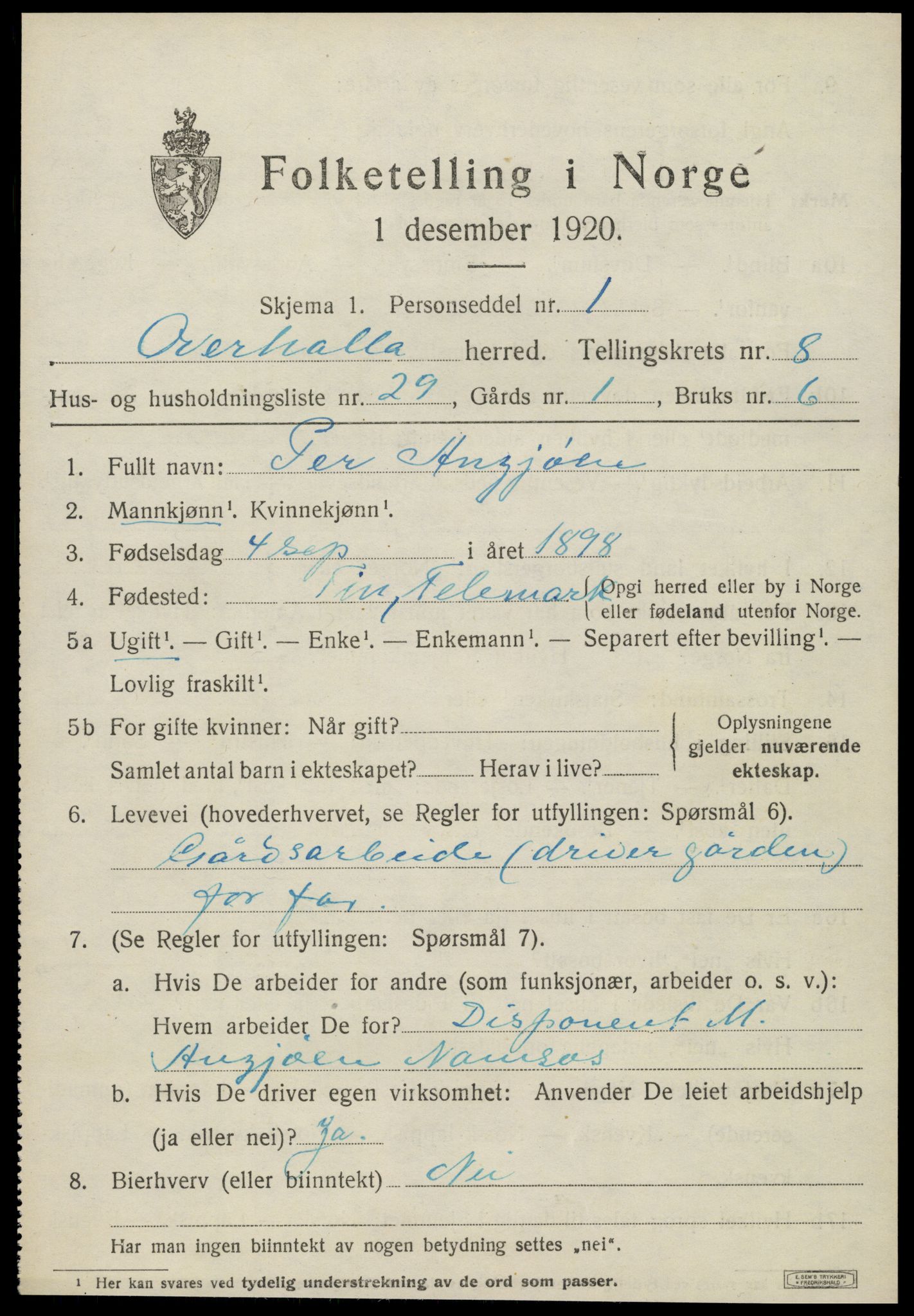 SAT, 1920 census for Overhalla, 1920, p. 5790