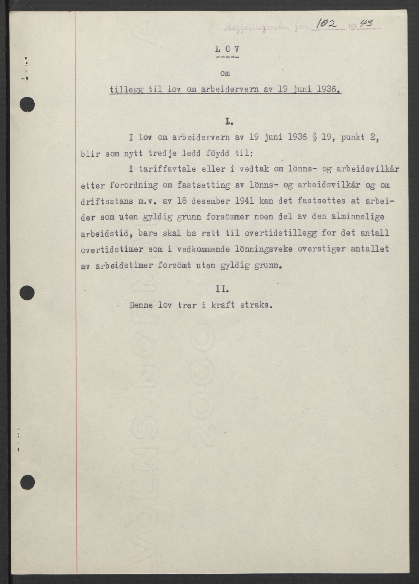 NS-administrasjonen 1940-1945 (Statsrådsekretariatet, de kommisariske statsråder mm), AV/RA-S-4279/D/Db/L0099: Lover, 1943, p. 228