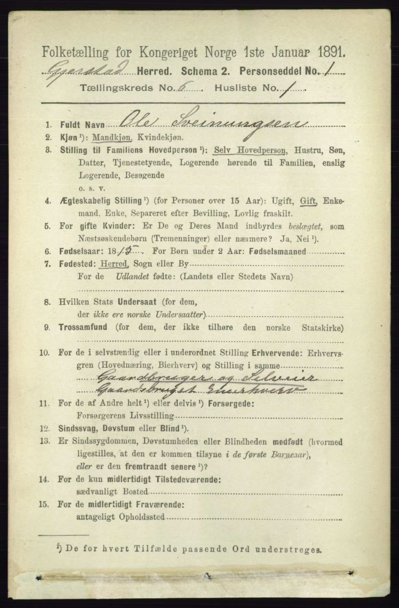 RA, 1891 census for 0911 Gjerstad, 1891, p. 2378