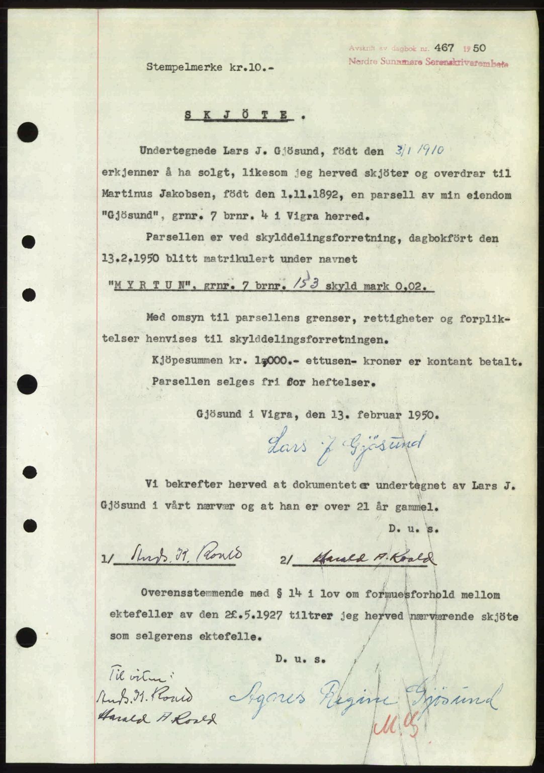 Nordre Sunnmøre sorenskriveri, AV/SAT-A-0006/1/2/2C/2Ca: Mortgage book no. A33, 1949-1950, Diary no: : 467/1950