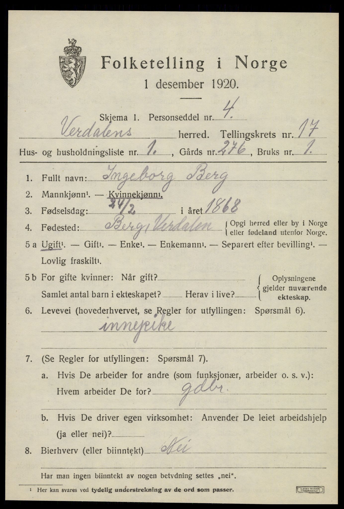 SAT, 1920 census for Verdal, 1920, p. 15557