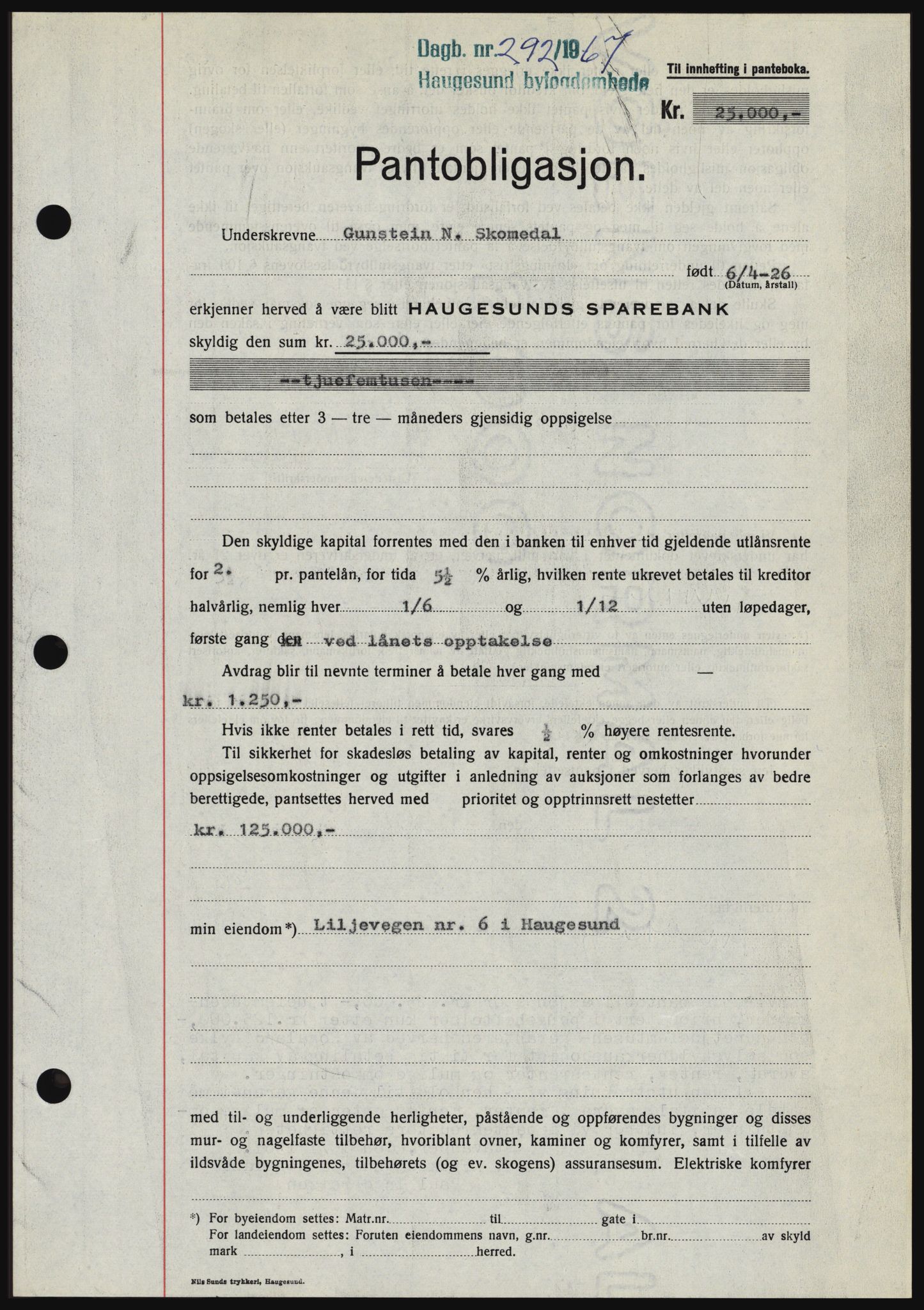 Haugesund tingrett, SAST/A-101415/01/II/IIC/L0056: Mortgage book no. B 56, 1966-1967, Diary no: : 292/1967
