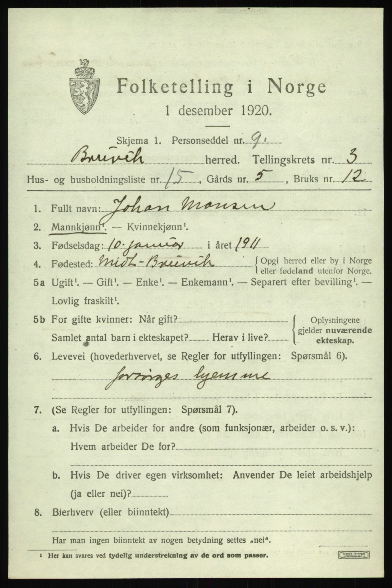 SAB, 1920 census for Bruvik, 1920, p. 1958