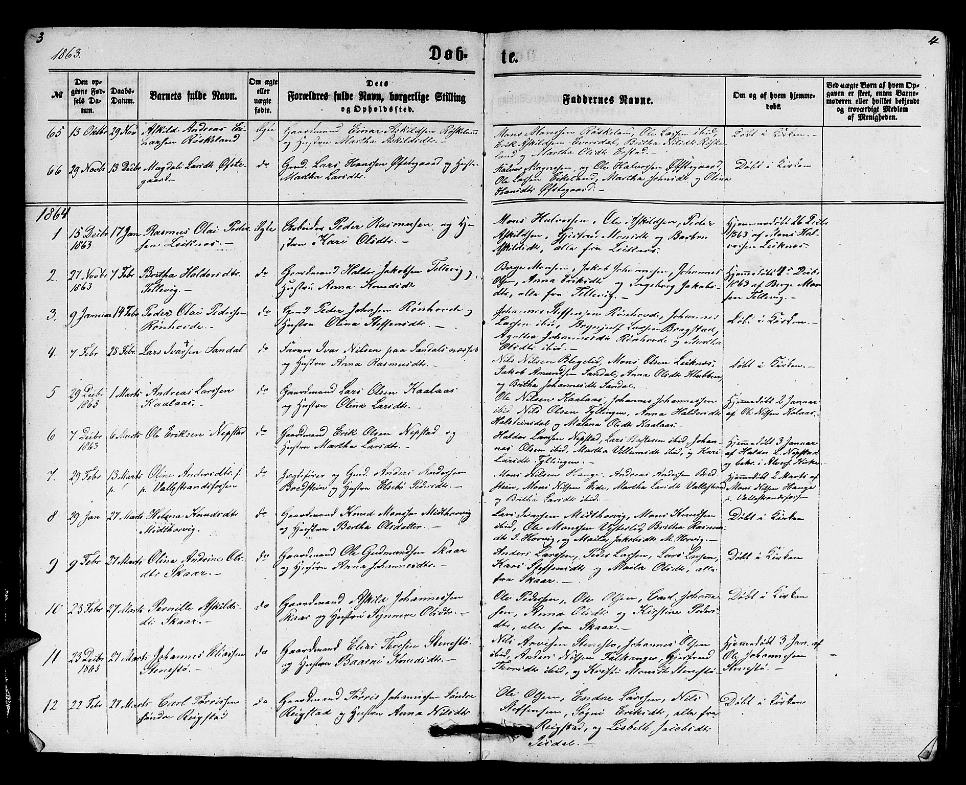 Hamre sokneprestembete, SAB/A-75501/H/Ha/Hab: Parish register (copy) no. B 2, 1863-1880, p. 3-4
