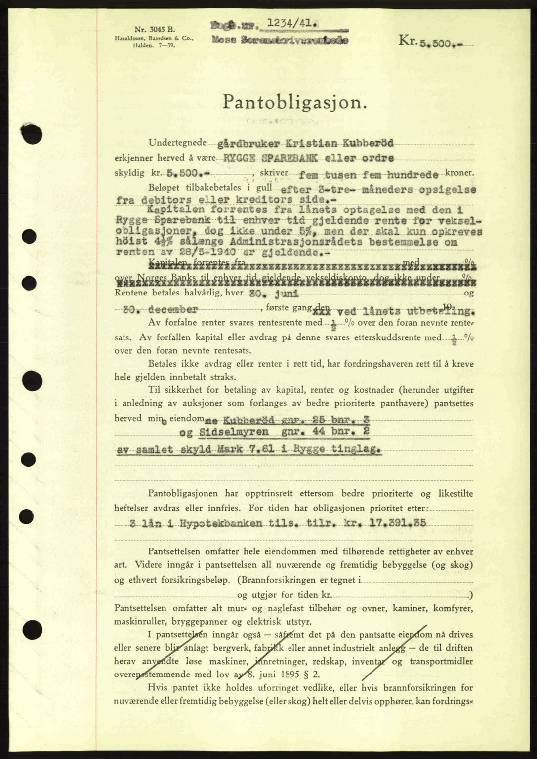 Moss sorenskriveri, SAO/A-10168: Mortgage book no. B10, 1940-1941, Diary no: : 1234/1941