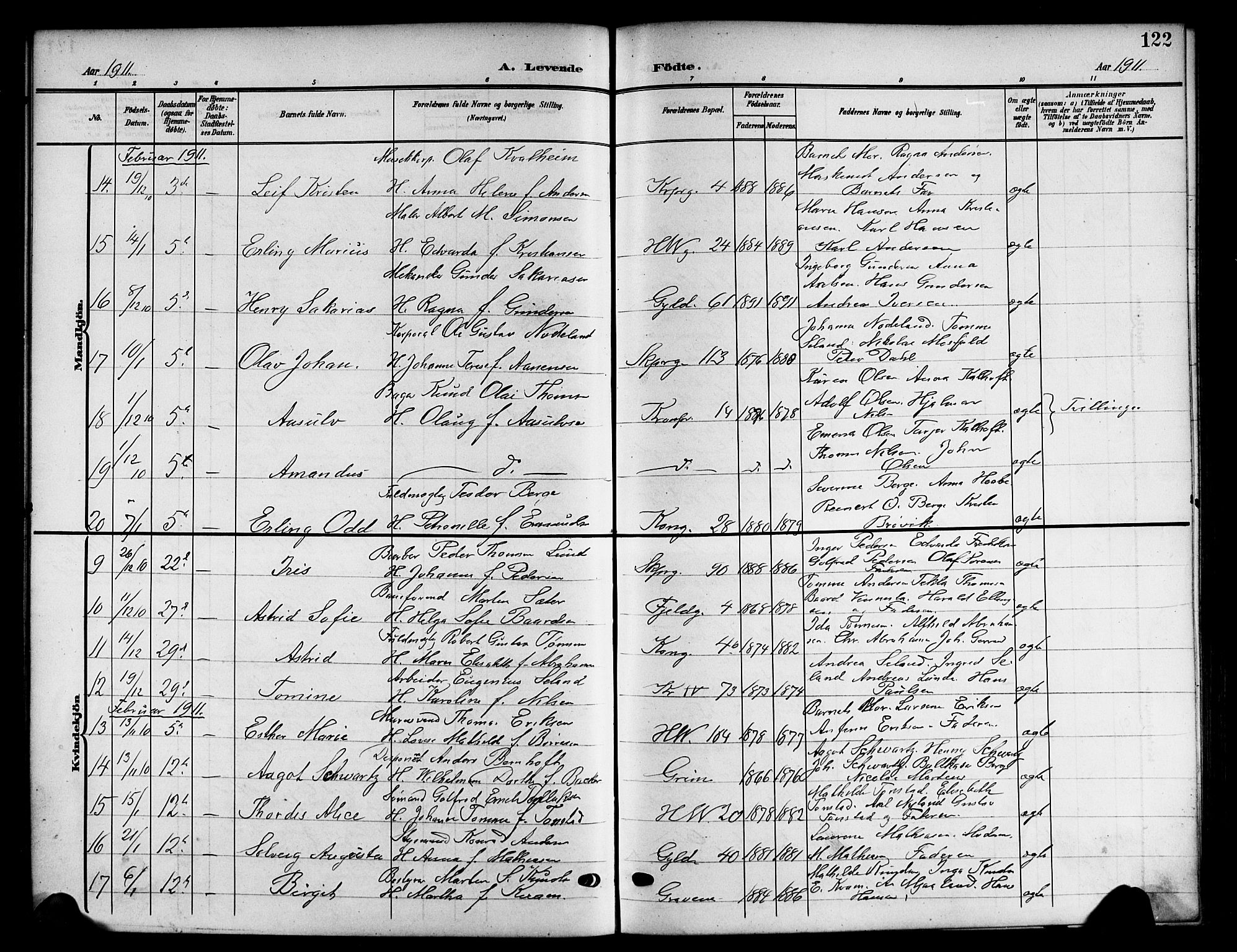 Kristiansand domprosti, SAK/1112-0006/F/Fb/L0019: Parish register (copy) no. B 19, 1905-1914, p. 122