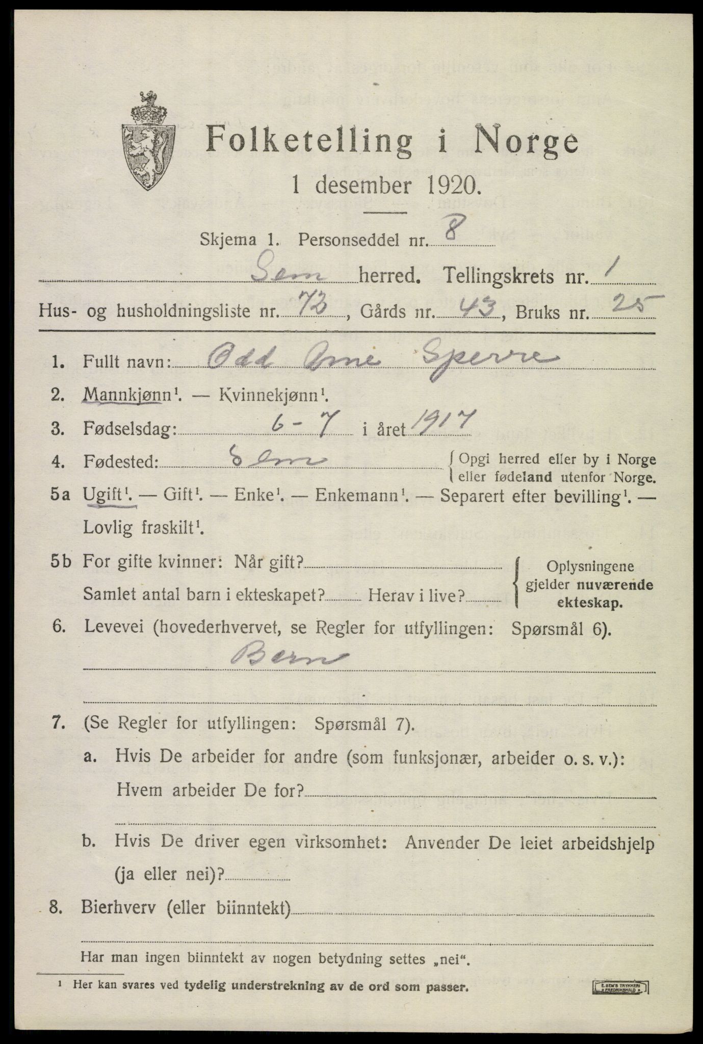 SAKO, 1920 census for Sem, 1920, p. 3547