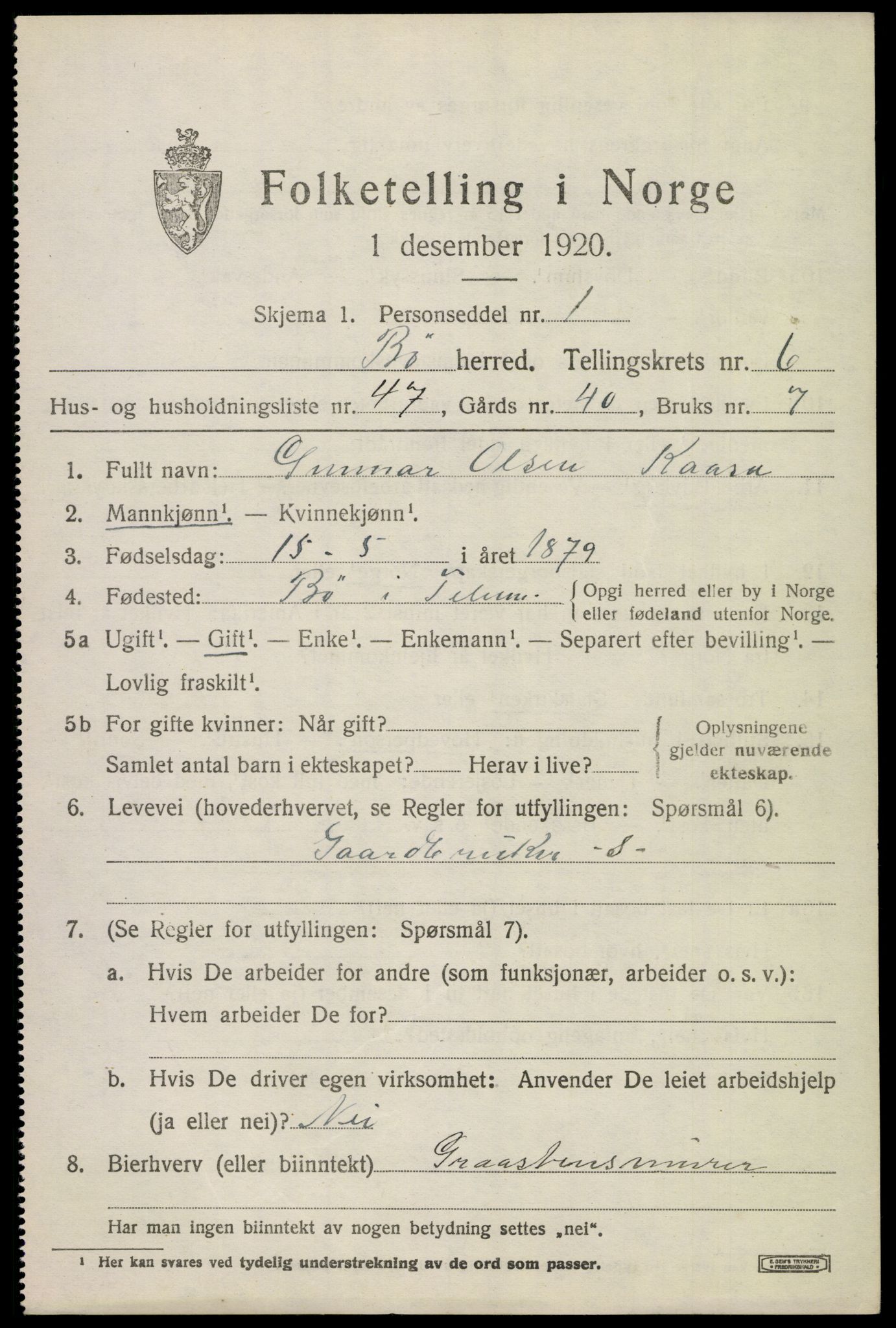 SAKO, 1920 census for Bø (Telemark), 1920, p. 4912