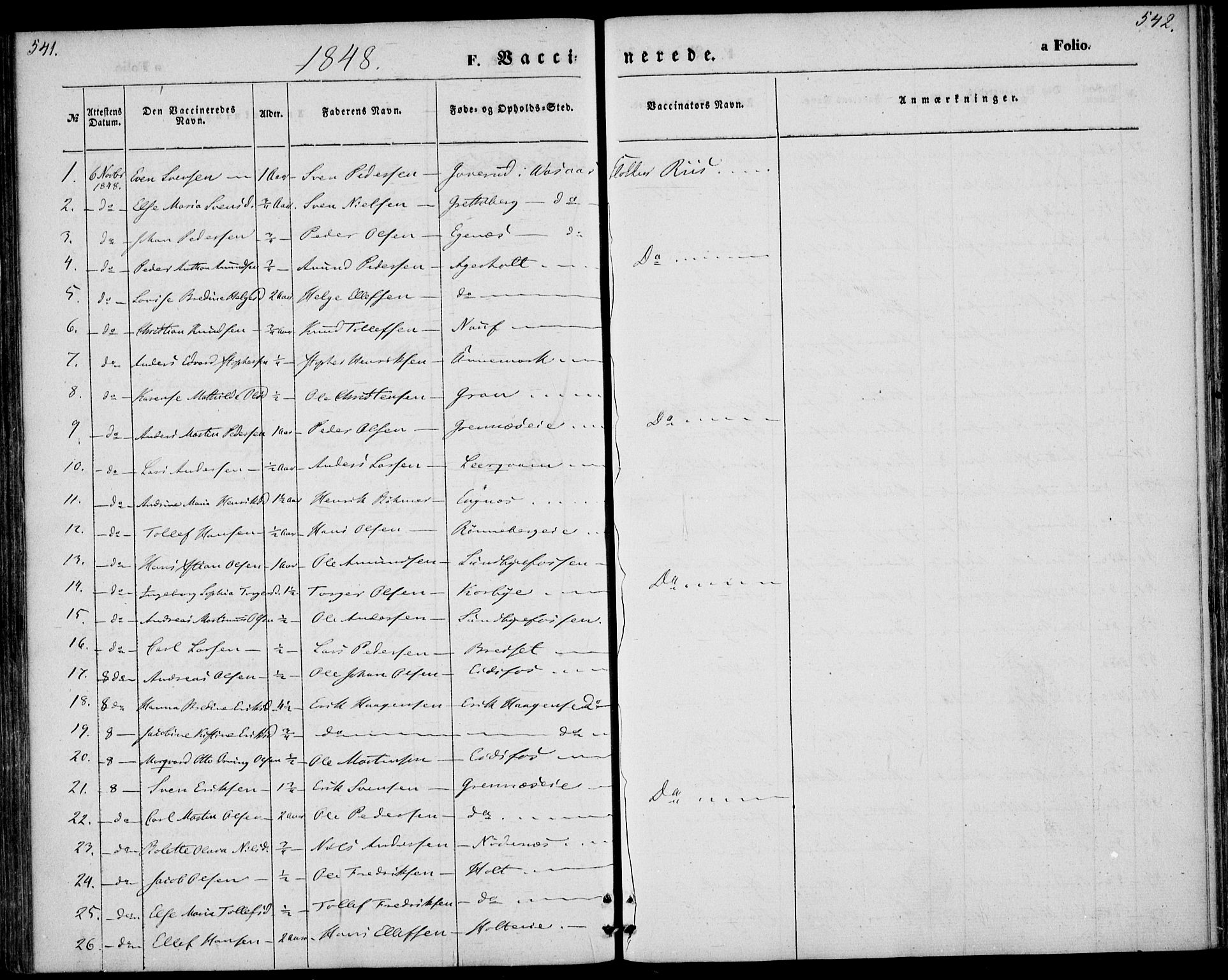 Hof kirkebøker, AV/SAKO-A-64/F/Fa/L0005: Parish register (official) no. I 5, 1844-1851, p. 541-542