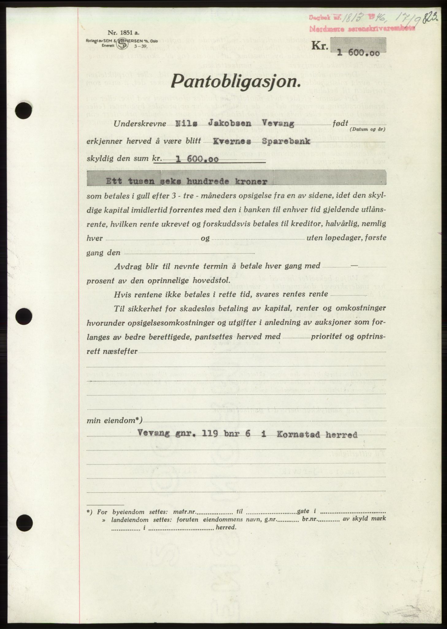 Nordmøre sorenskriveri, AV/SAT-A-4132/1/2/2Ca: Mortgage book no. B94, 1946-1946, Diary no: : 1813/1946