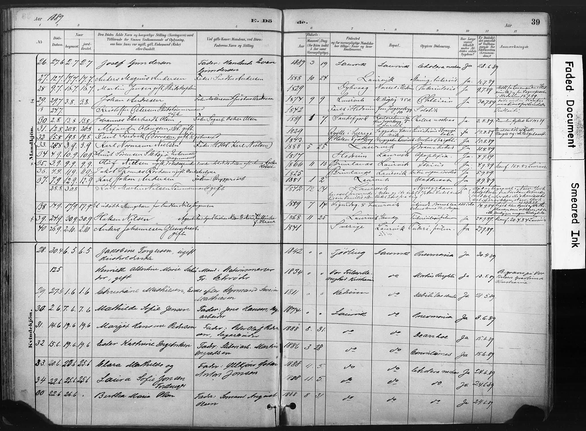 Larvik kirkebøker, AV/SAKO-A-352/F/Fa/L0010: Parish register (official) no. I 10, 1884-1910, p. 39