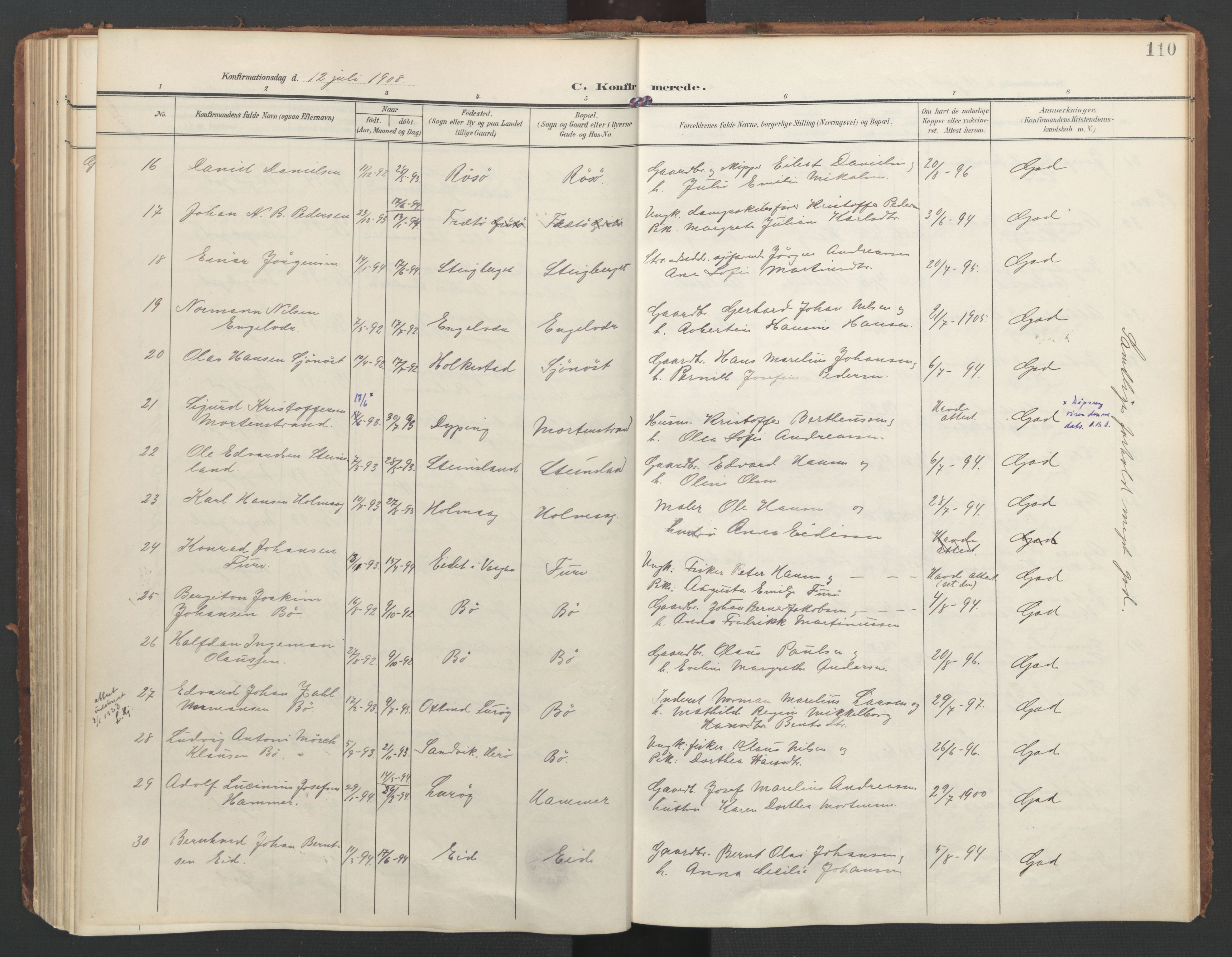 Ministerialprotokoller, klokkerbøker og fødselsregistre - Nordland, AV/SAT-A-1459/855/L0805: Parish register (official) no. 855A13, 1906-1920, p. 110