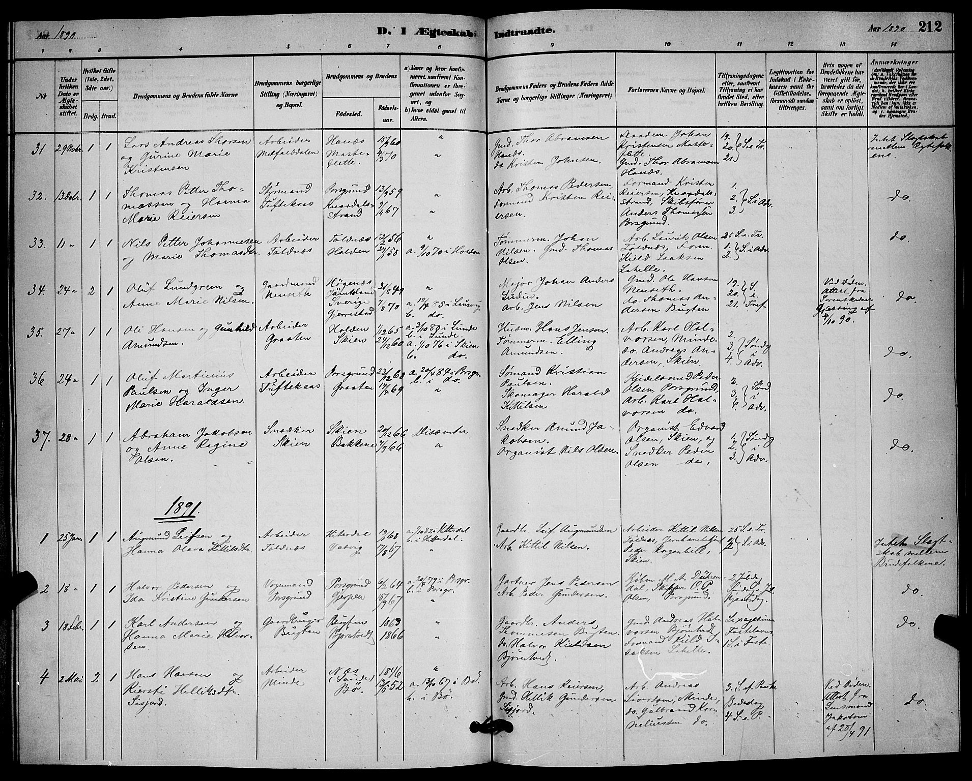 Solum kirkebøker, SAKO/A-306/G/Ga/L0007: Parish register (copy) no. I 7, 1884-1898, p. 212