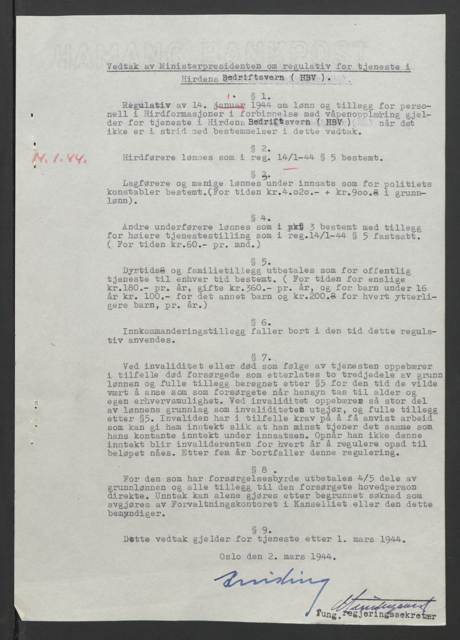 NS-administrasjonen 1940-1945 (Statsrådsekretariatet, de kommisariske statsråder mm), AV/RA-S-4279/D/Db/L0090: Foredrag til vedtak utenfor ministermøte, 1942-1945, p. 194