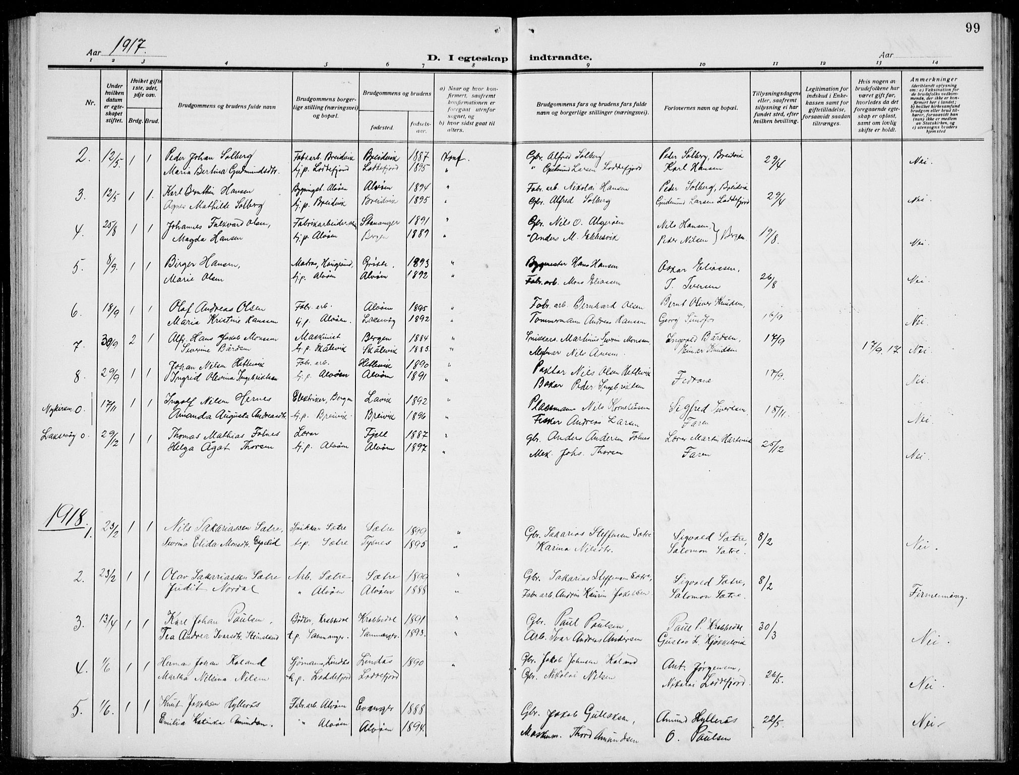 Loddefjord  sokneprestembete, AV/SAB-A-99928: Parish register (copy) no. A  1, 1915-1934, p. 99