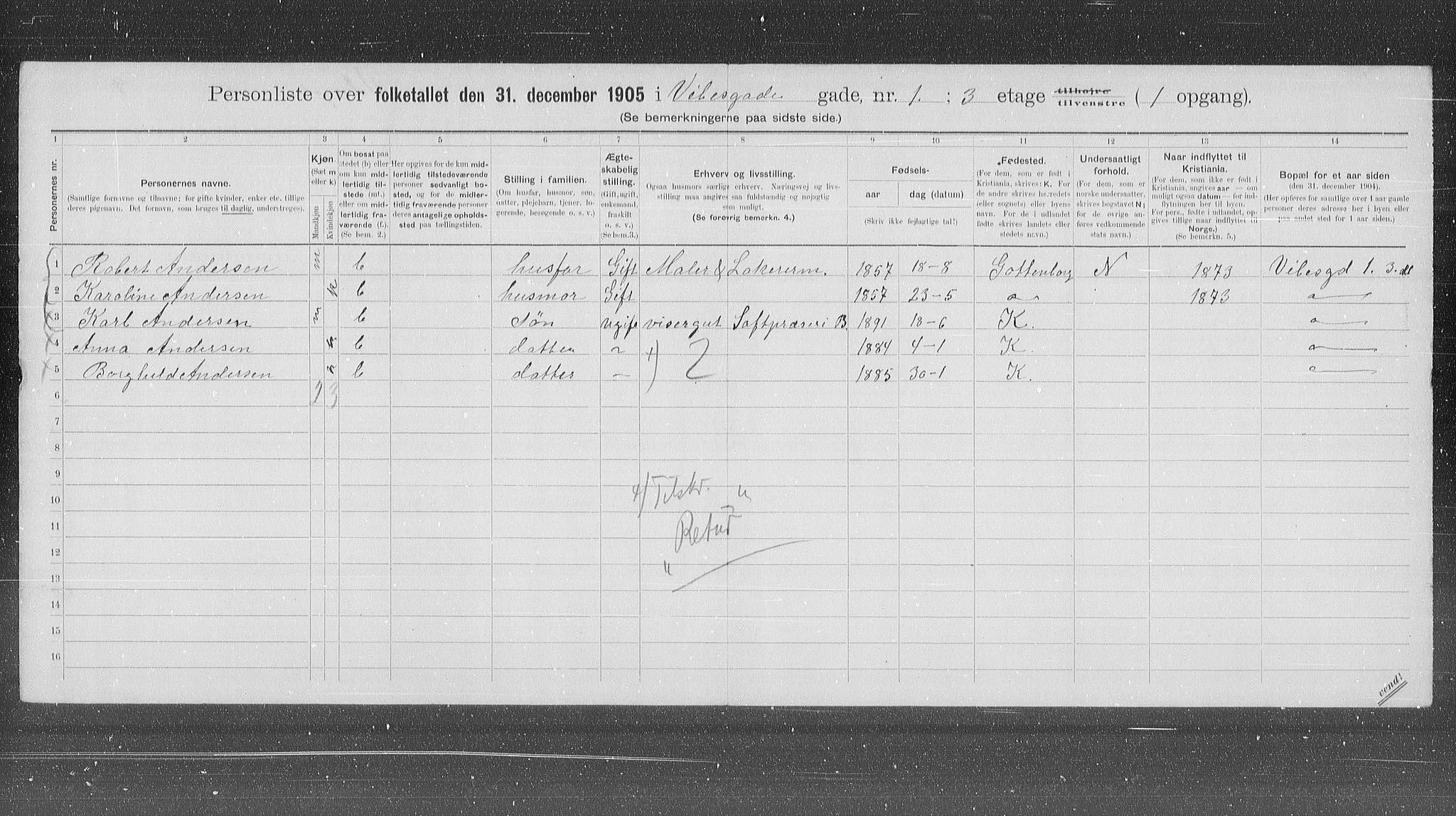 OBA, Municipal Census 1905 for Kristiania, 1905, p. 64465