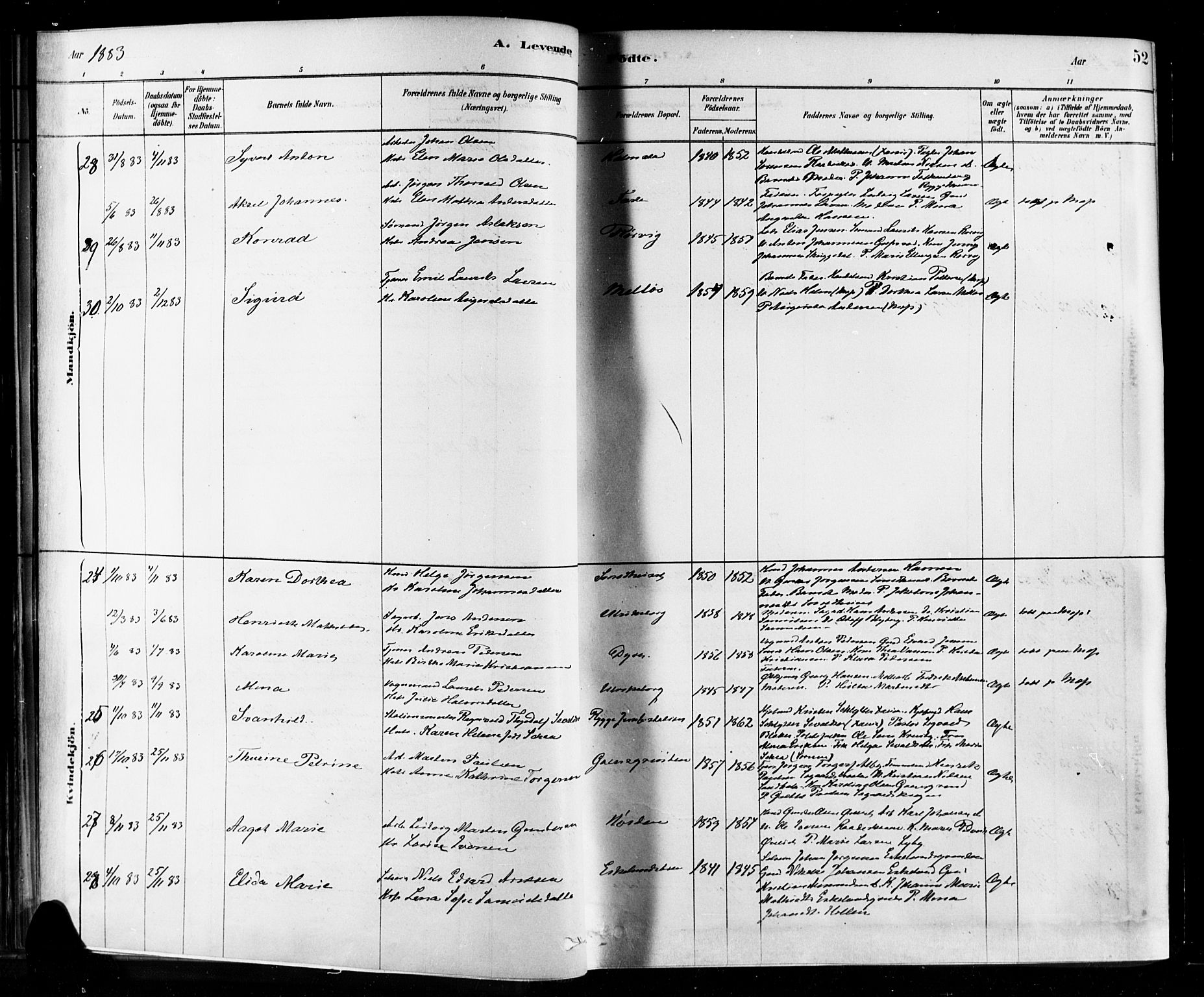 Rygge prestekontor Kirkebøker, SAO/A-10084b/F/Fa/L0007: Parish register (official) no. 7, 1878-1904, p. 52