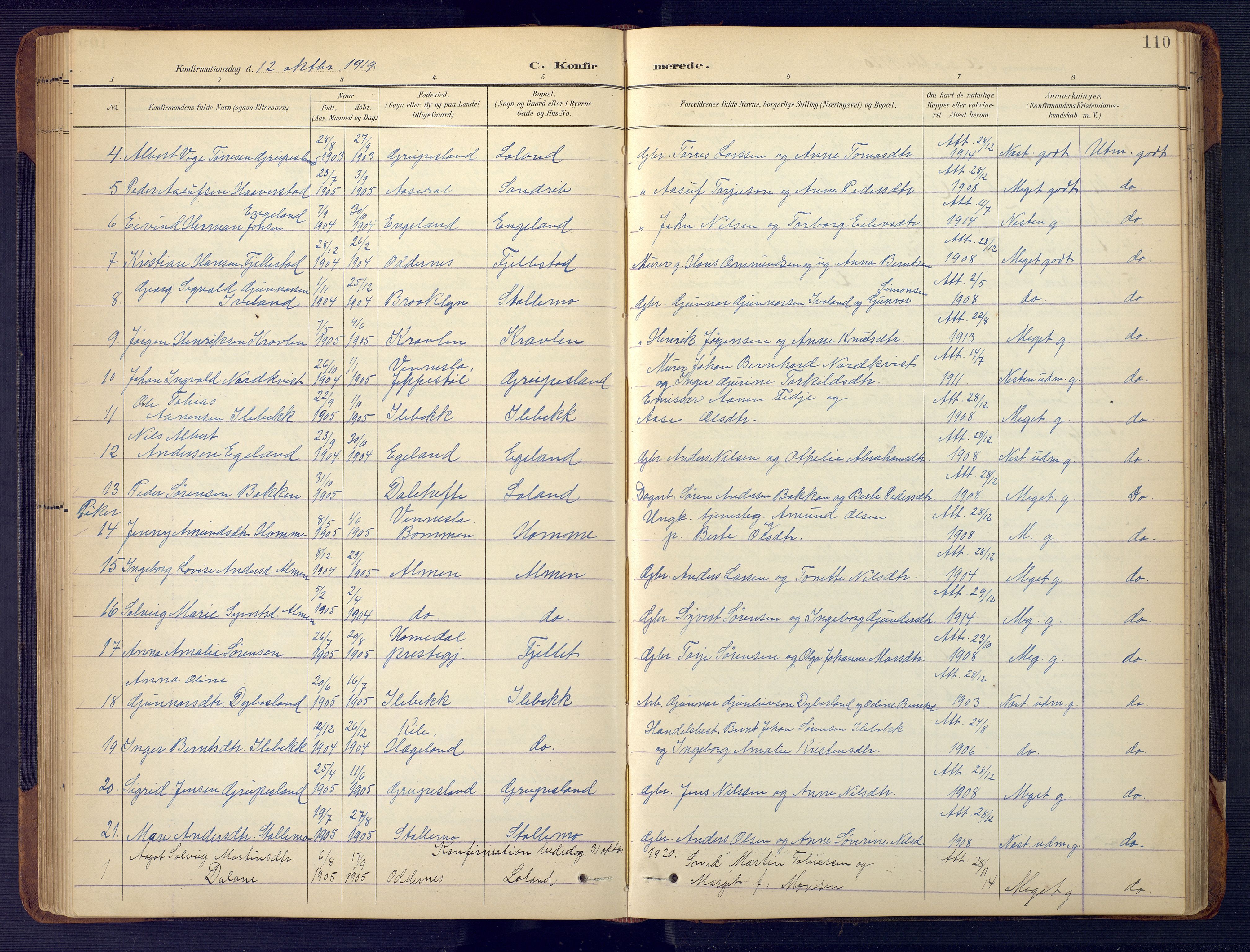 Vennesla sokneprestkontor, SAK/1111-0045/Fb/Fbc/L0003: Parish register (copy) no. B 3, 1895-1946, p. 110