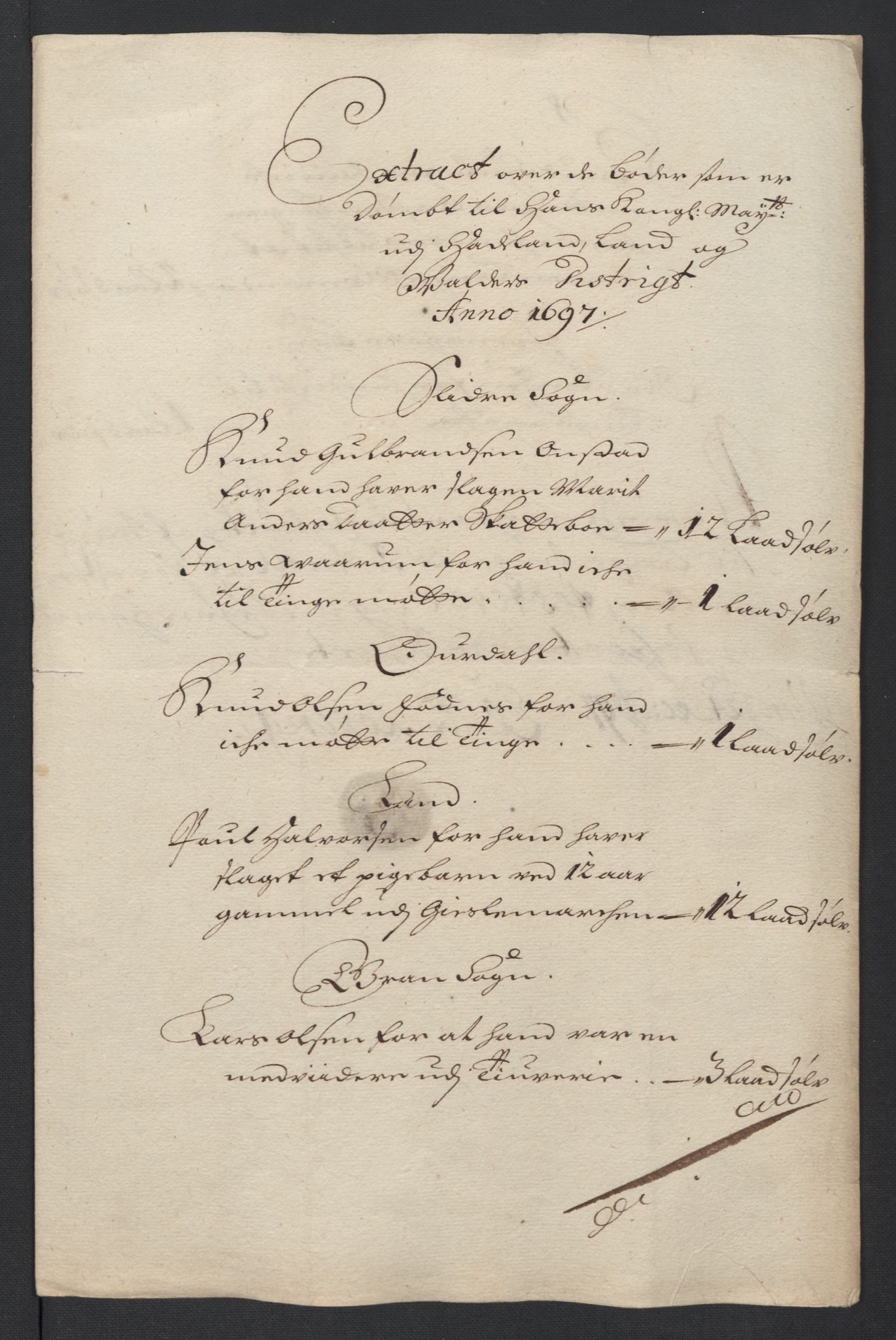 Rentekammeret inntil 1814, Reviderte regnskaper, Fogderegnskap, RA/EA-4092/R18/L1295: Fogderegnskap Hadeland, Toten og Valdres, 1697, p. 160