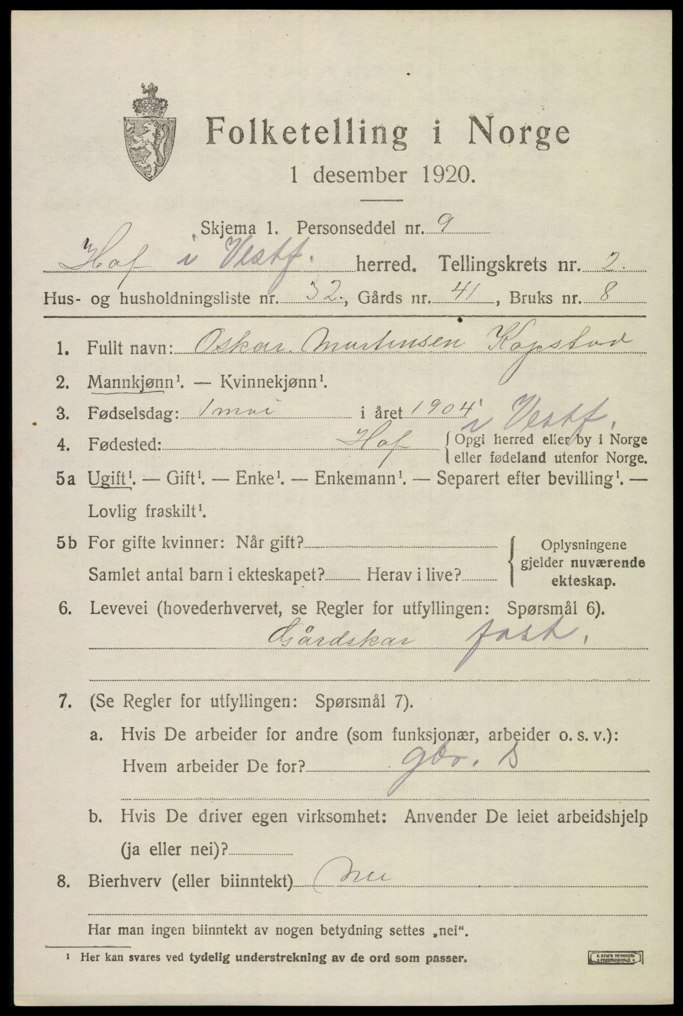 SAKO, 1920 census for Hof, 1920, p. 2731