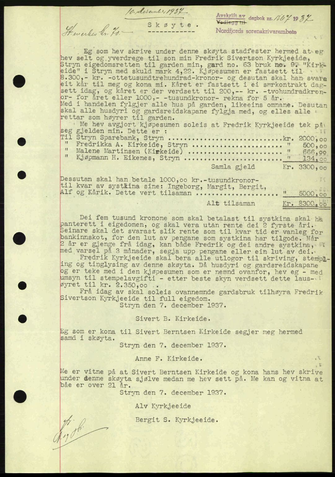 Nordfjord sorenskriveri, SAB/A-2801/02/02b/02bj/L0002: Mortgage book no. A2, 1937-1938, Diary no: : 1567/1937