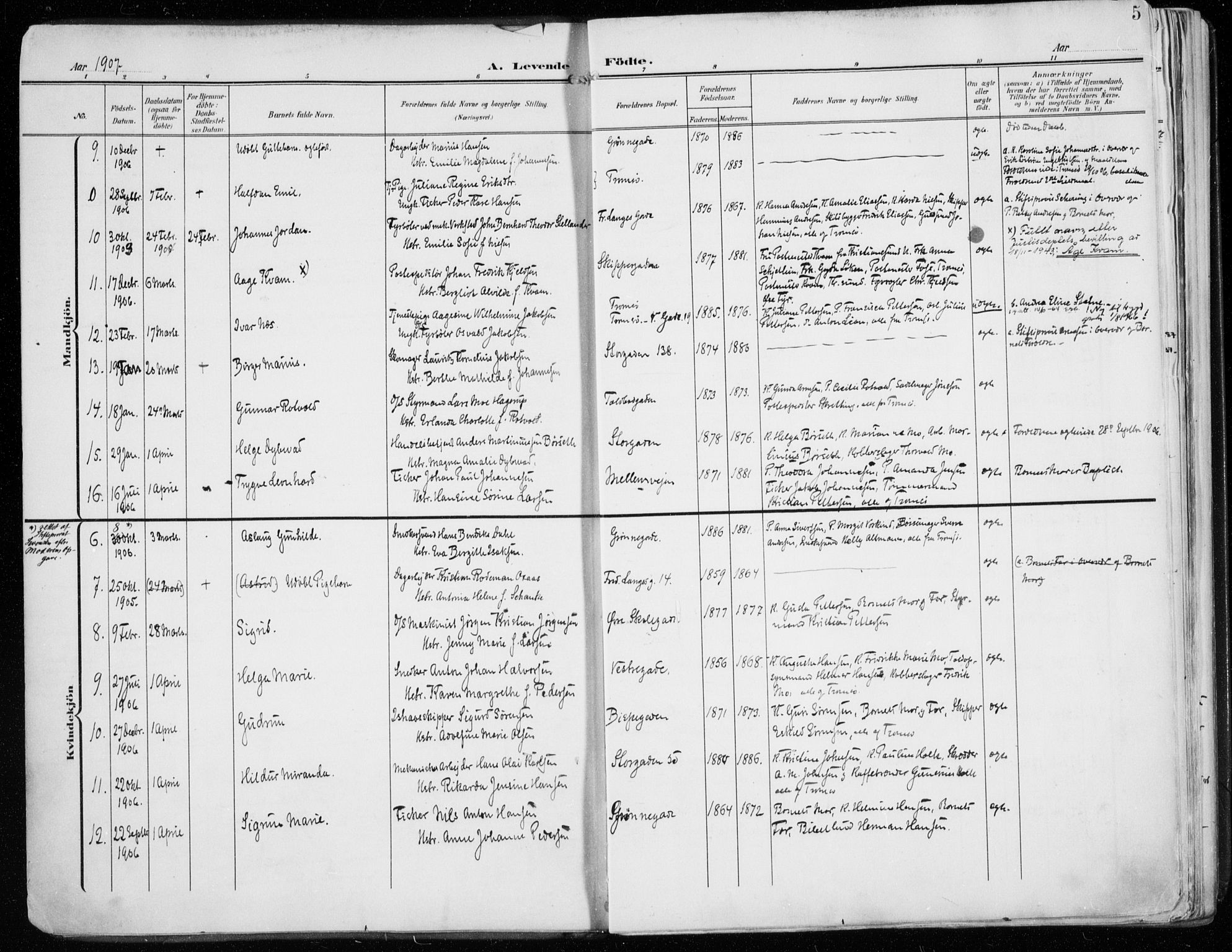 Tromsø sokneprestkontor/stiftsprosti/domprosti, SATØ/S-1343/G/Ga/L0017kirke: Parish register (official) no. 17, 1907-1917, p. 5