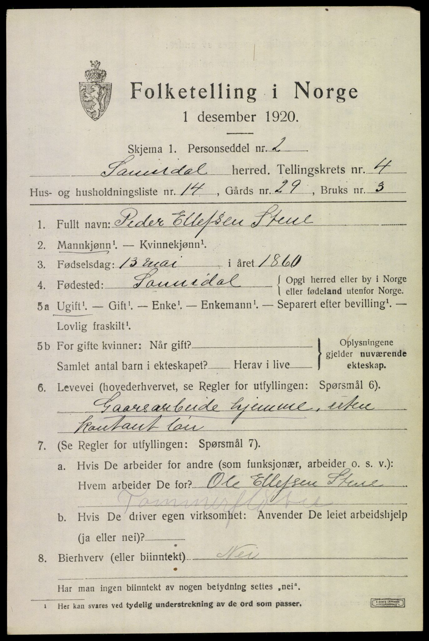SAKO, 1920 census for Sannidal, 1920, p. 3539