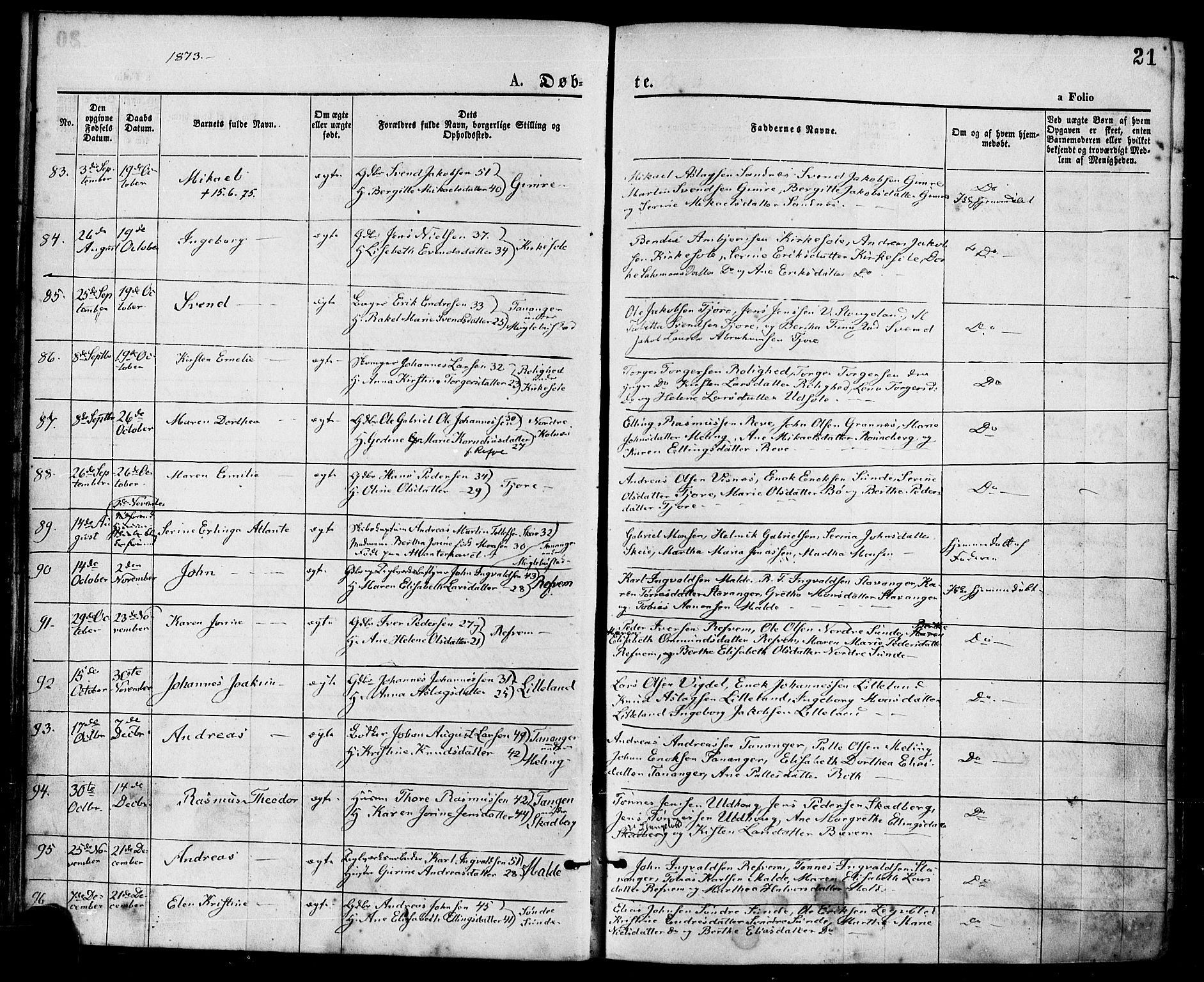 Håland sokneprestkontor, SAST/A-101802/001/30BA/L0009: Parish register (official) no. A 8, 1871-1882, p. 21